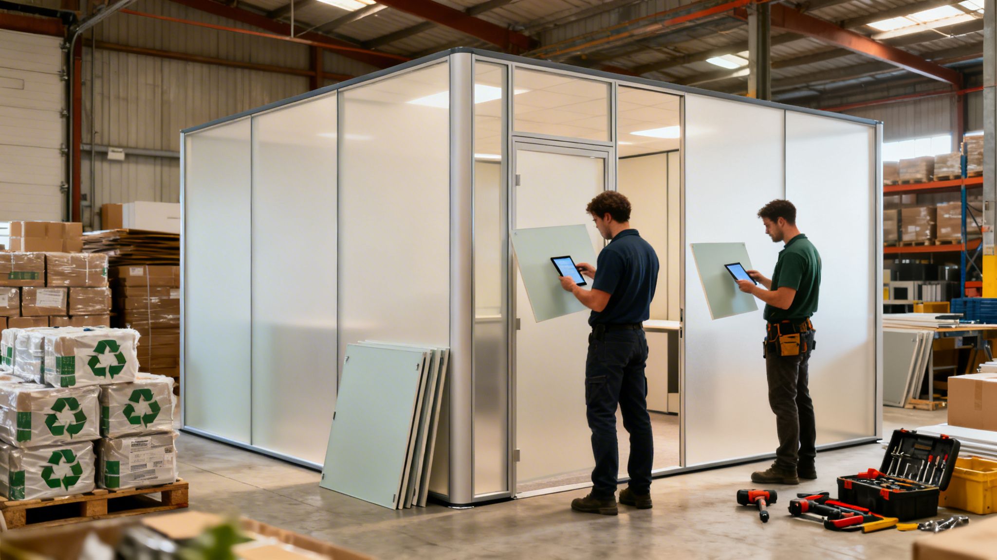 Two men installing a temporary partition wall in a warehouse, consulting tablets for instructions.