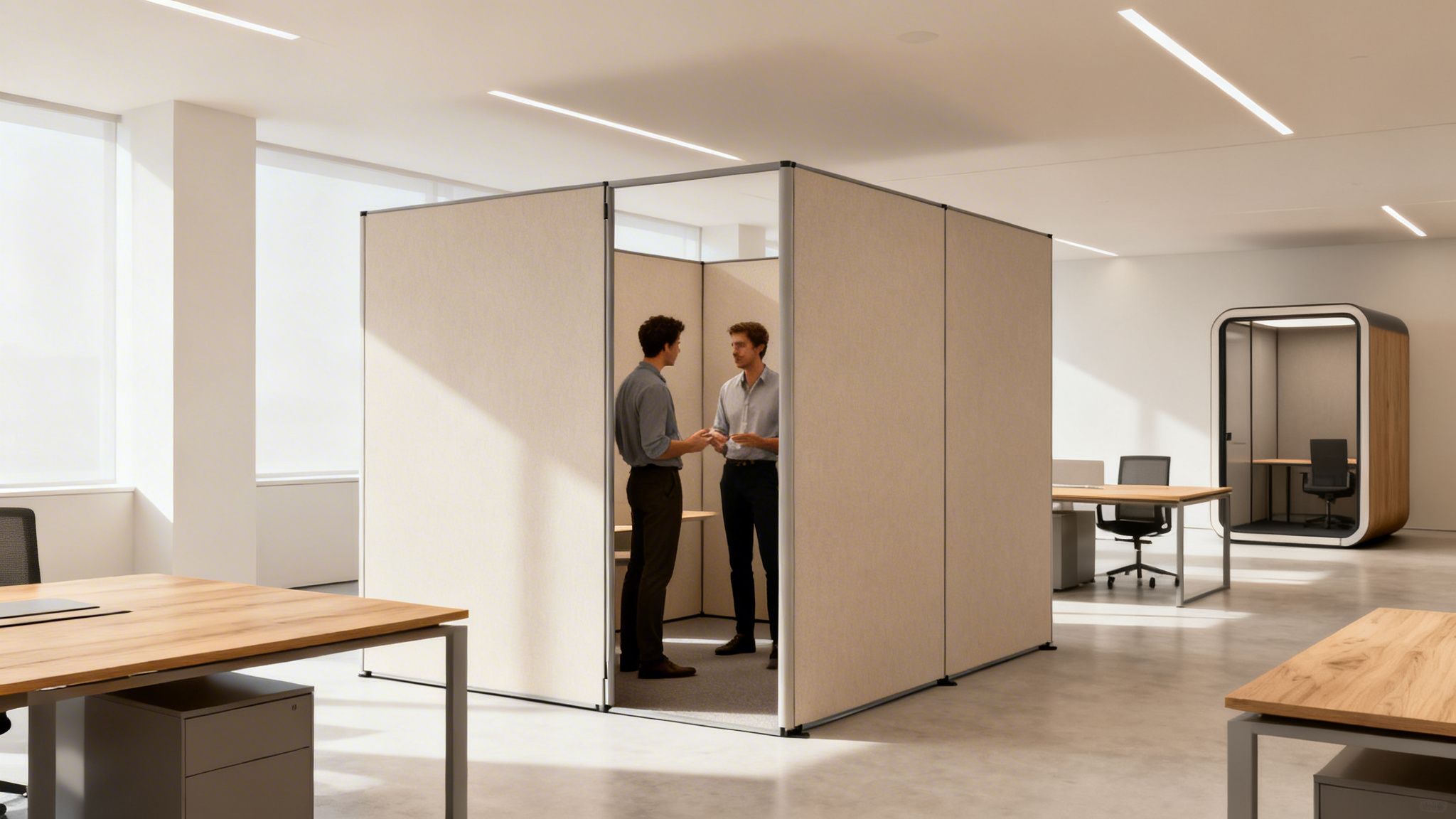 Two men talk inside a temporary fabric partition wall enclosure in a modern open office.