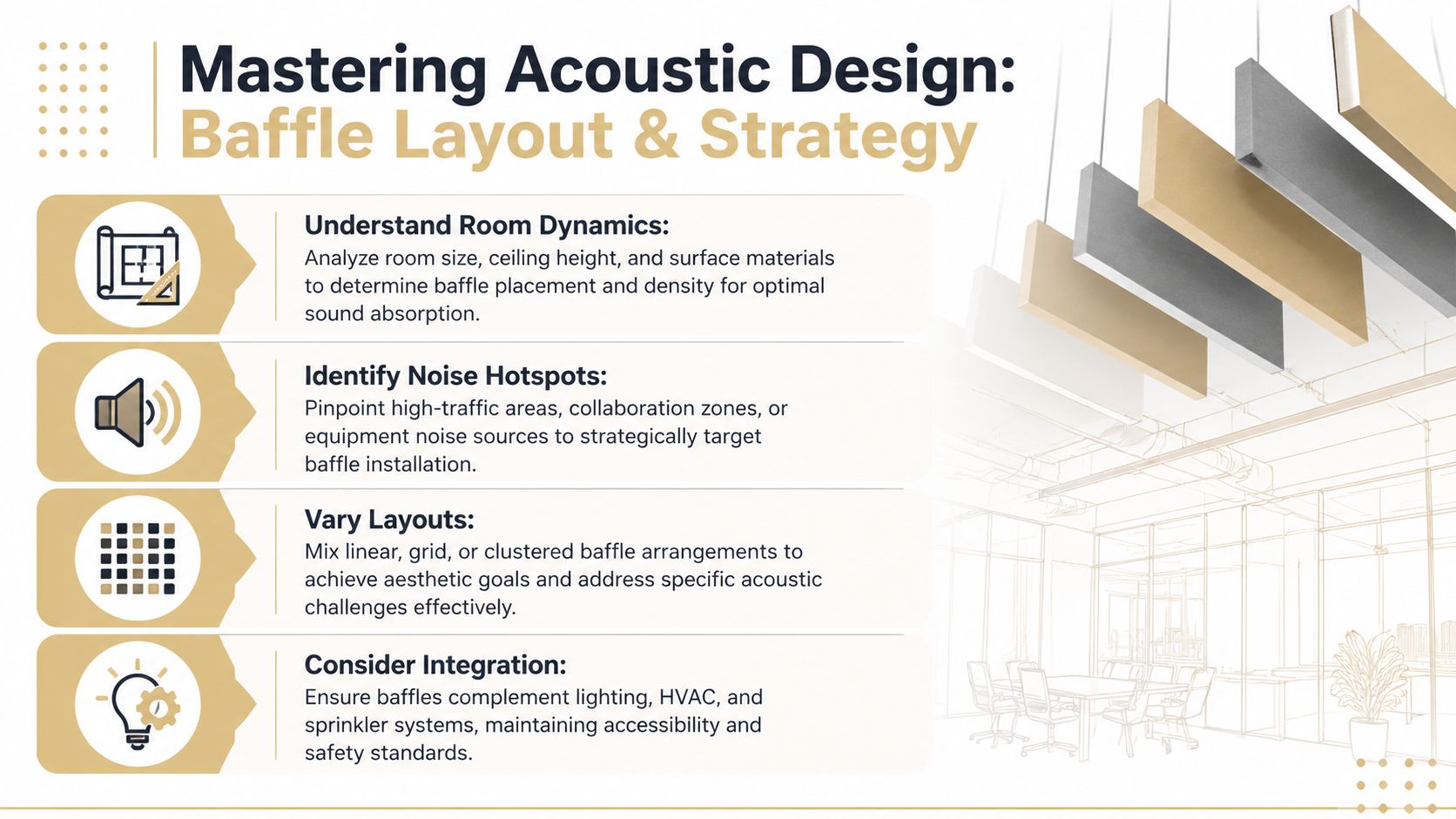 An infographic titled Mastering Acoustic Design: Baffle Layout and Strategy detailing four steps for office noise control.