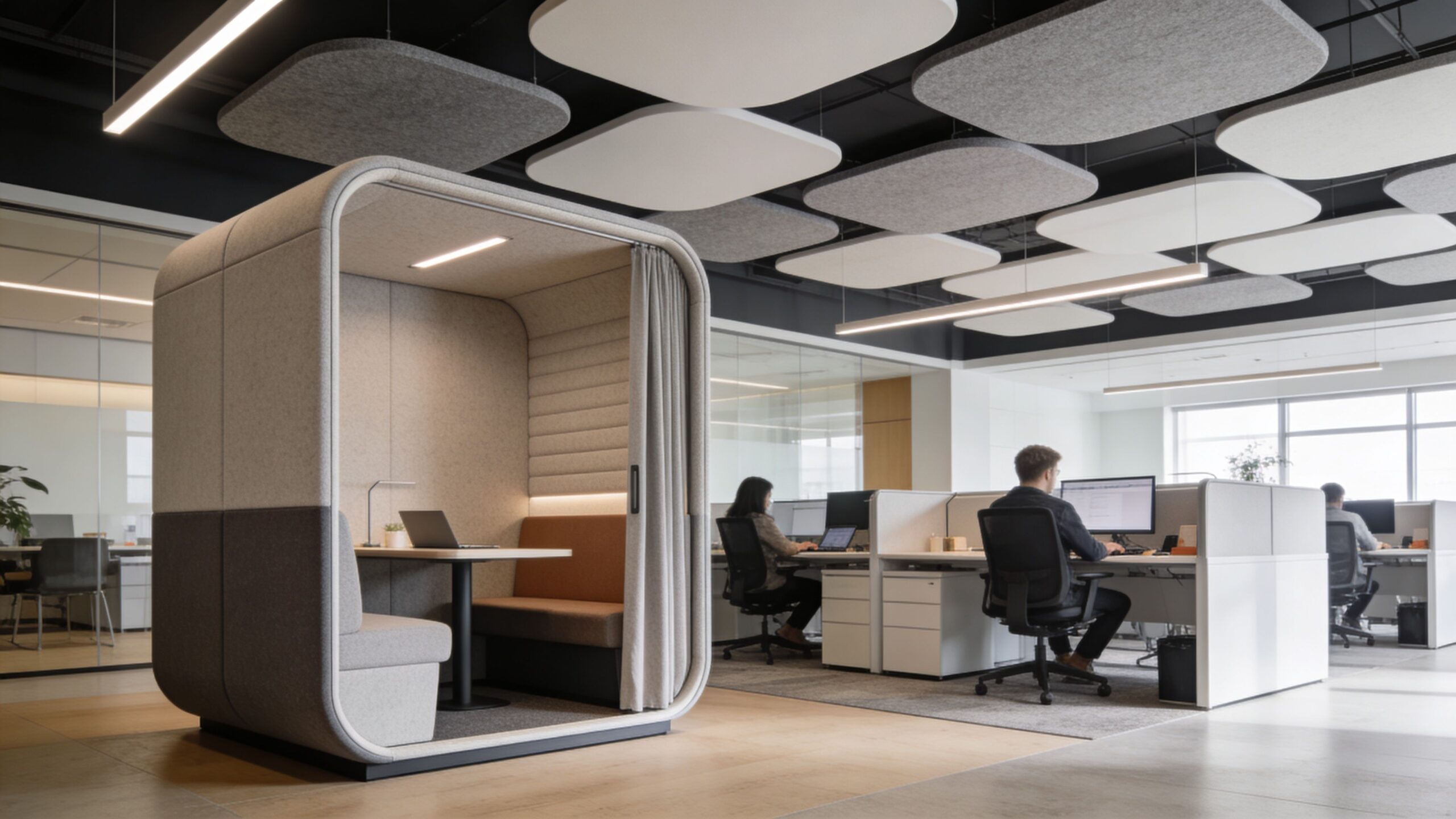 A modern open-plan office featuring acoustic ceiling sound baffles and a private meeting pod in the foreground.