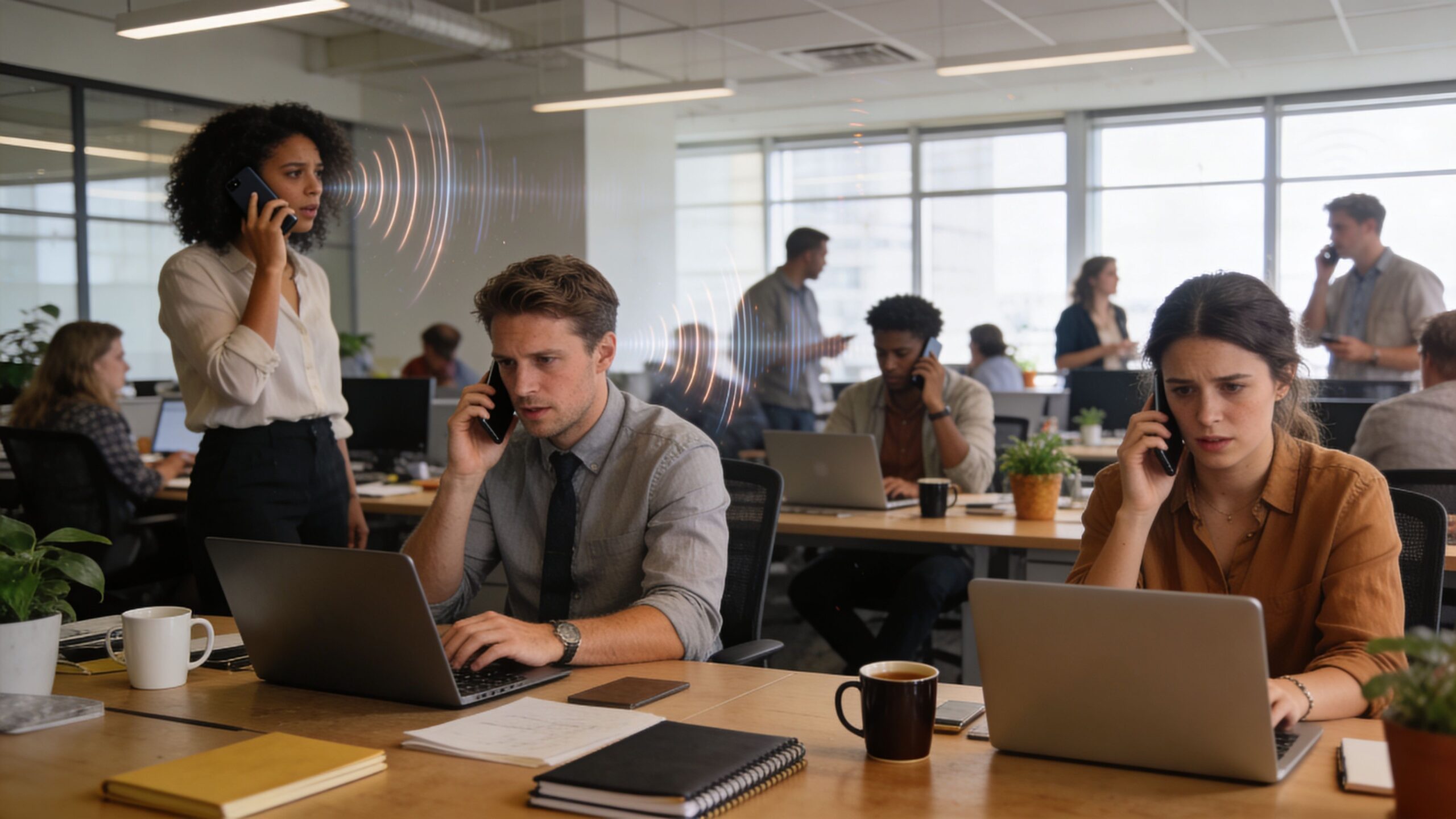 A busy office workspace with employees working on laptops and talking on smartphones in a professional setting.