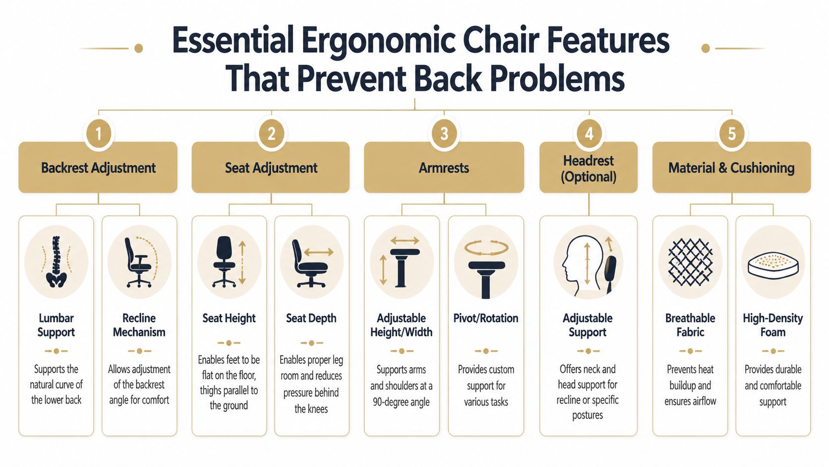 A diagram outlining five essential ergonomic chair features that help prevent back pain and improve posture.