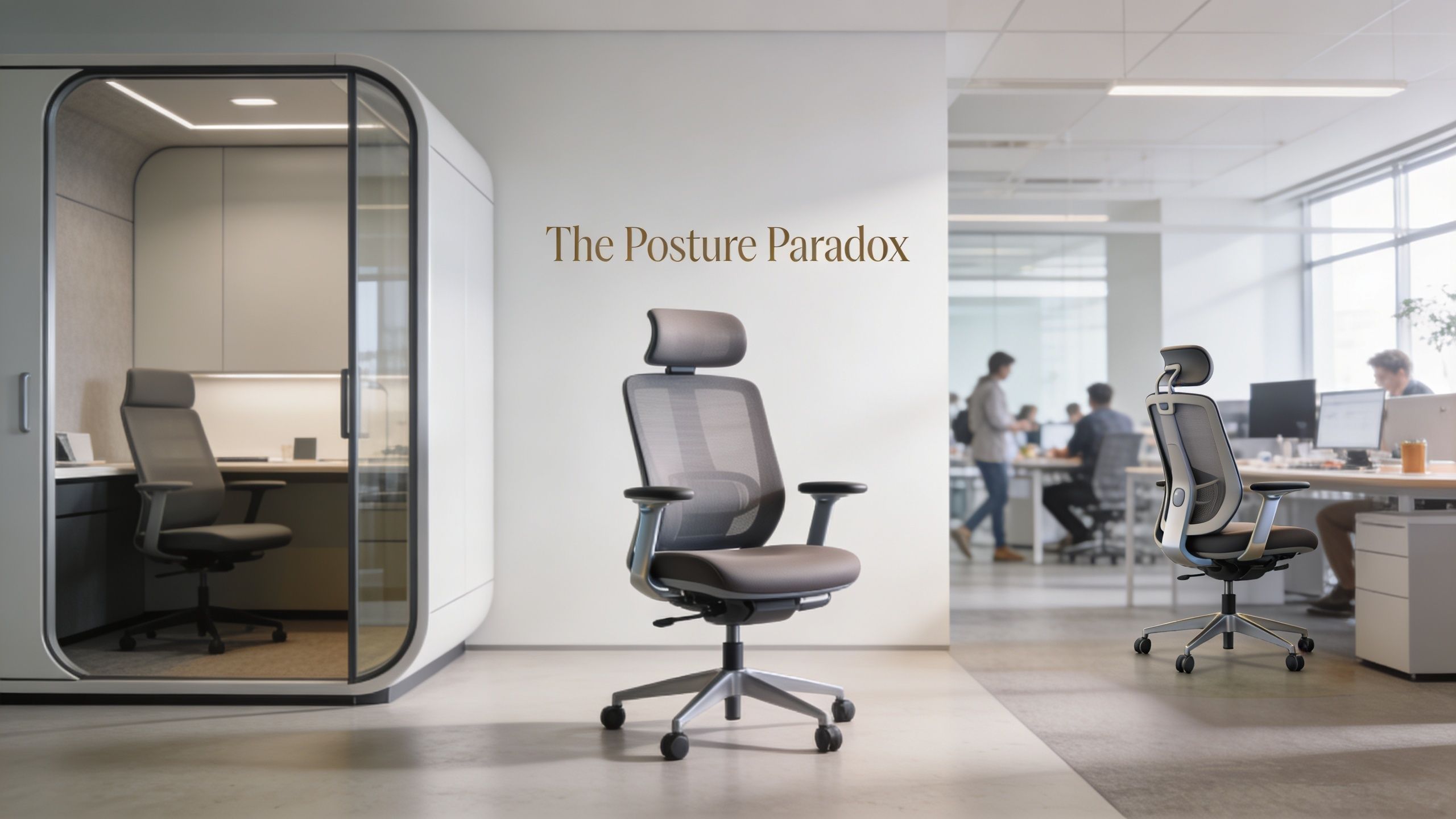 A modern ergonomic office chair displayed in a professional workspace with the text The Posture Paradox above.