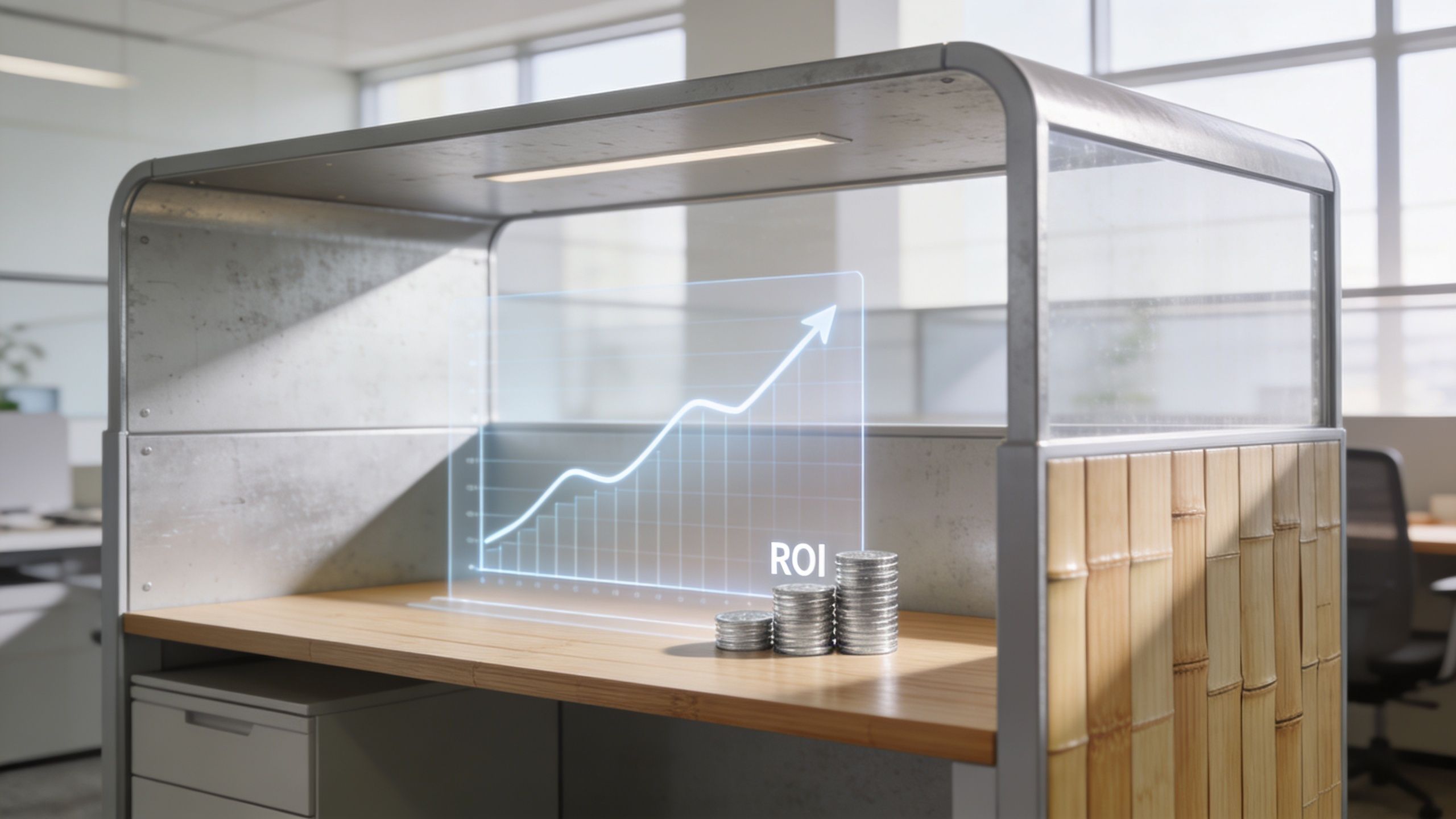 A holographic ROI chart floating above a stack of silver coins on a modern office desk.