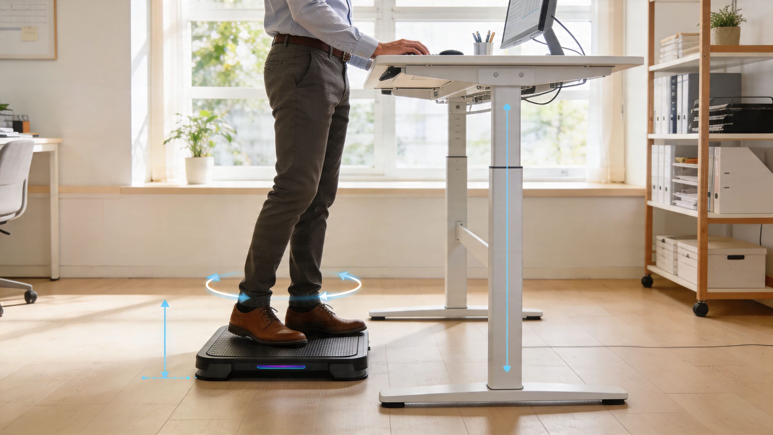 A professional man stands on a balance platform while working at an adjustable standing office desk.