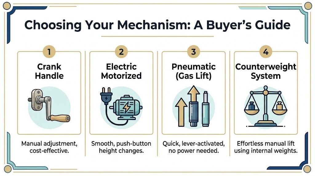 A buyer's guide infographic illustrating four different height adjustment mechanisms for desks including crank, electric, pneumatic, and counterweight.