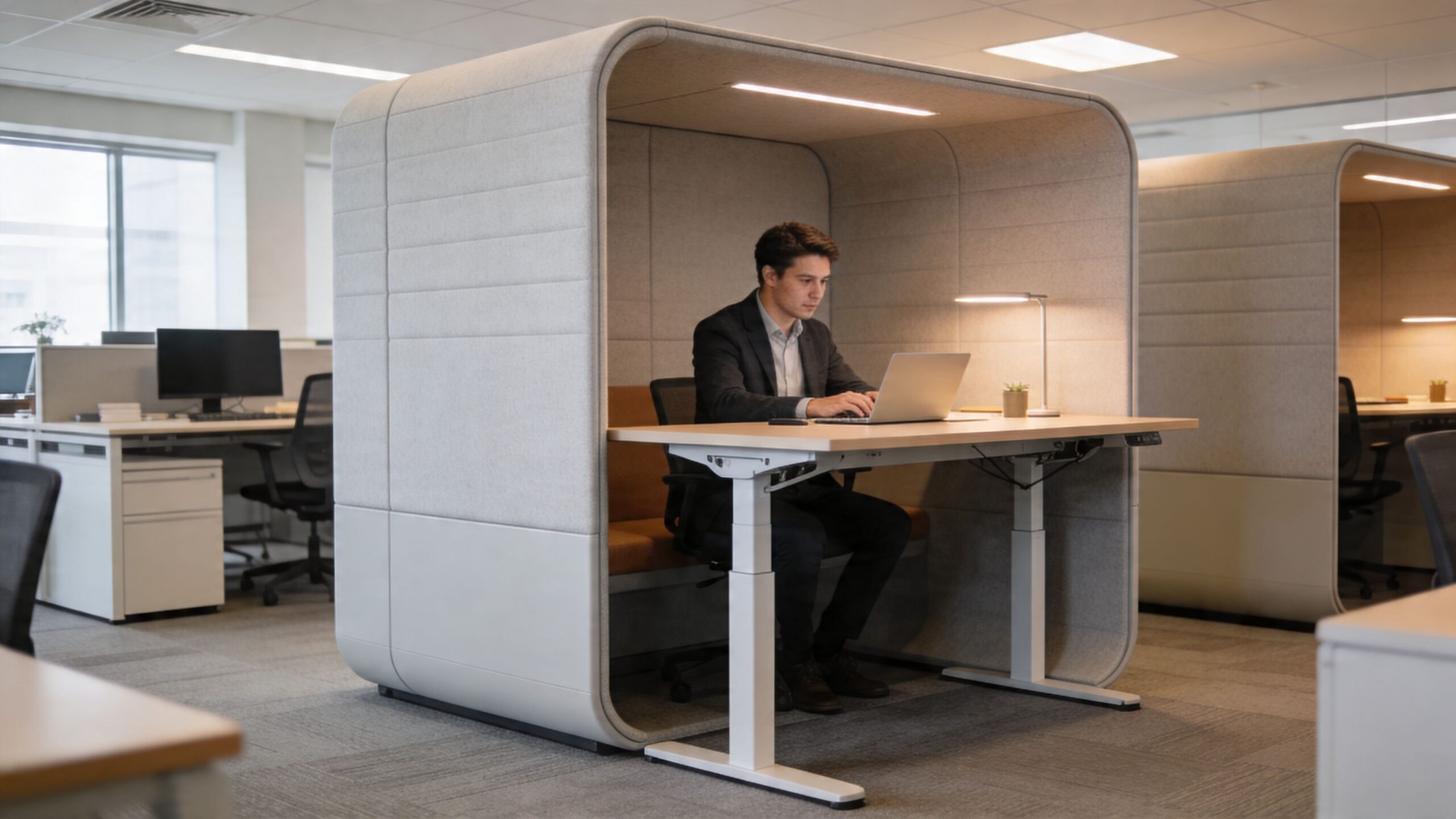 A professional man working on a laptop inside a modern office pod with an adjustable height desk.