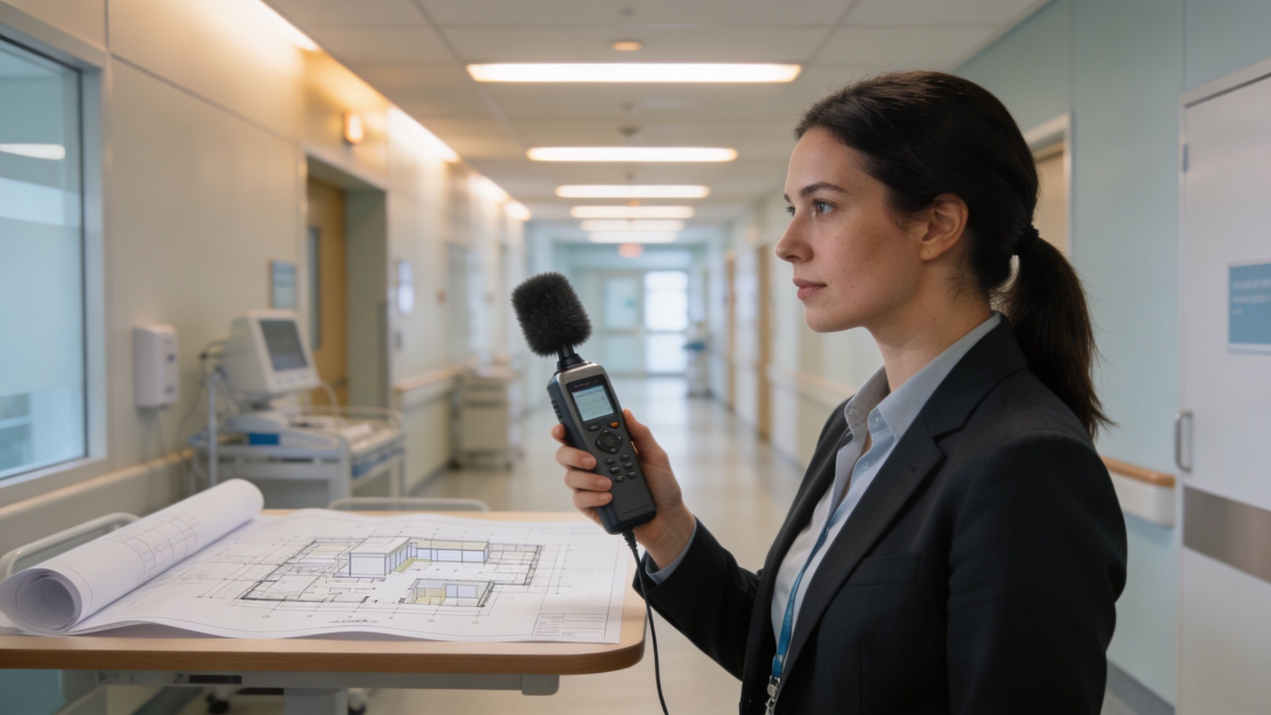 A professional woman in a suit holds a sound level meter while reviewing architectural hospital floor plans.