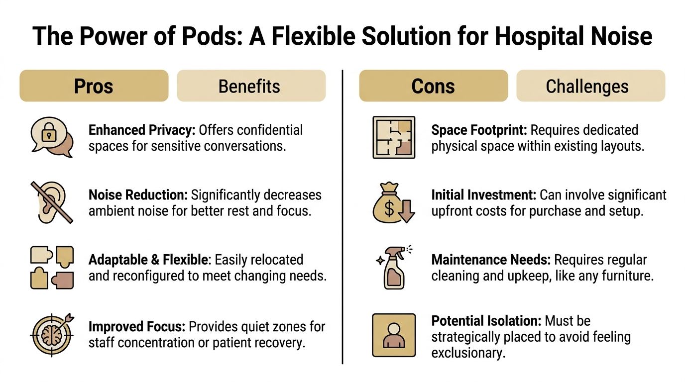 A comparison chart outlining the benefits and challenges of using pods to reduce noise in hospitals.