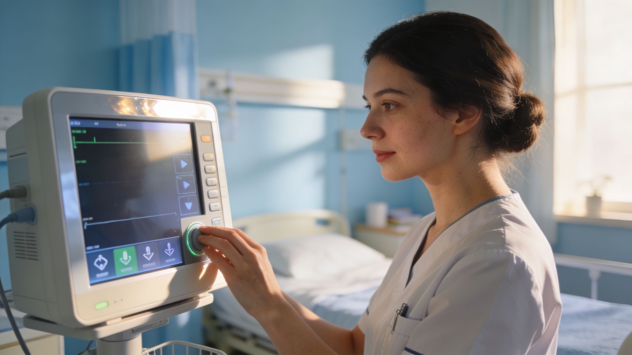 A healthcare professional adjusting settings on a medical monitor in a clean, brightly lit hospital room.
