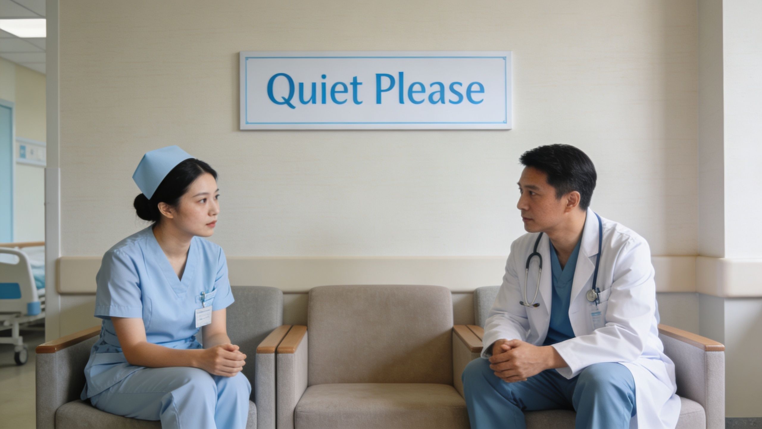 A female nurse and a male doctor sitting on chairs in a hospital hallway under a quiet sign.
