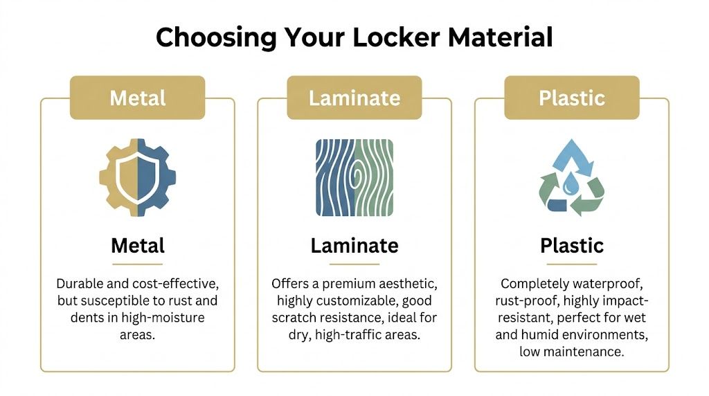 A comparison chart showing three types of locker materials: metal, laminate, and plastic with their respective features.