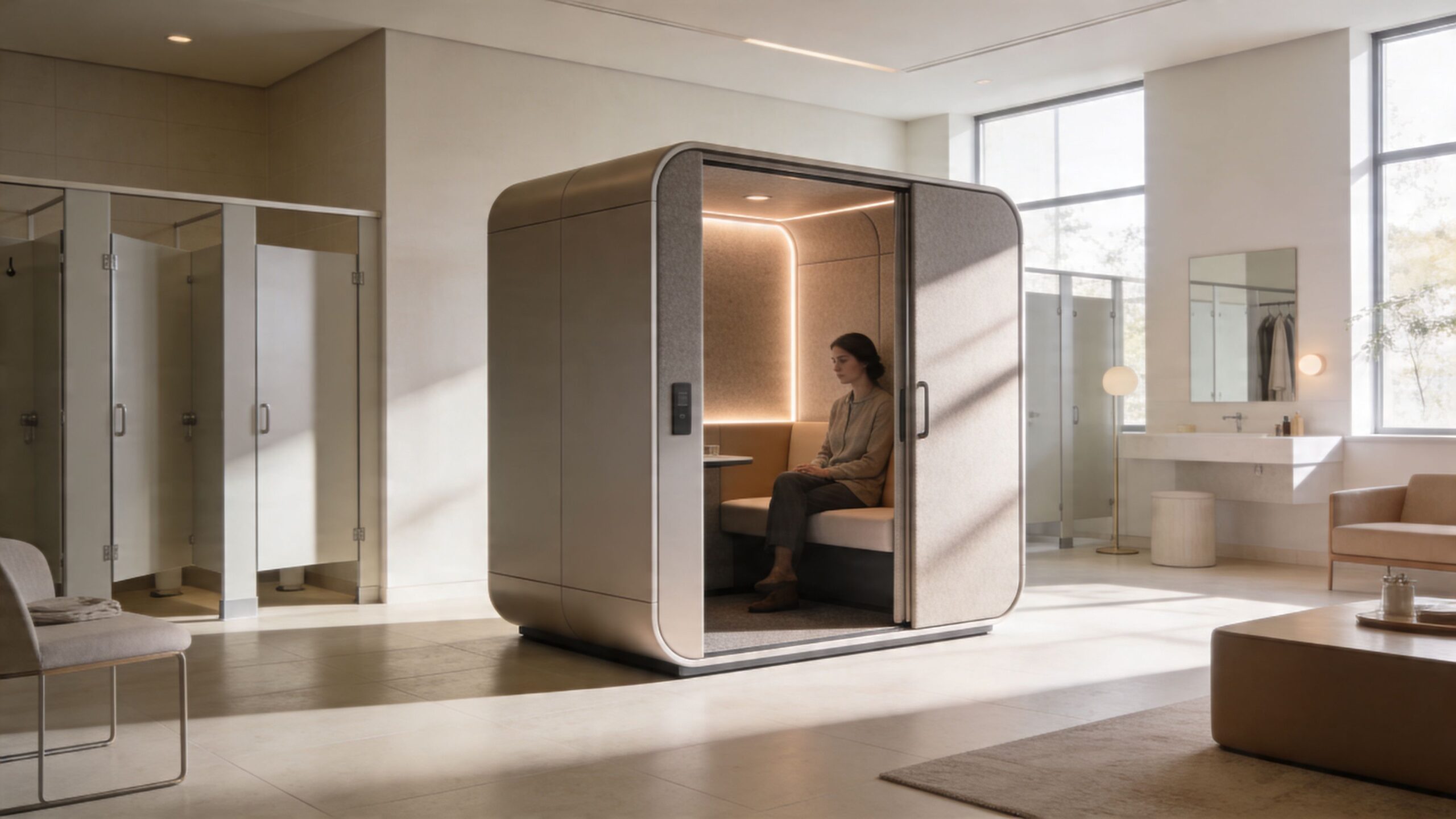 A woman sits inside a modern, beige office phone booth placed in a spacious, bright building interior.