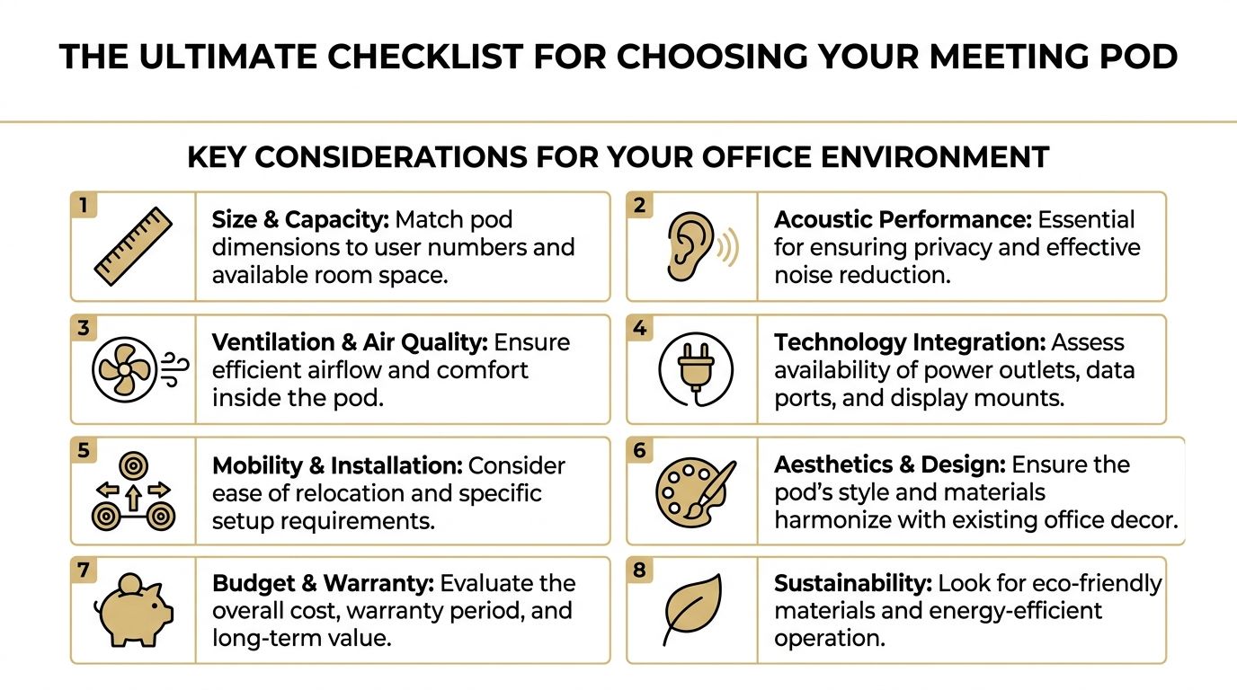 A comprehensive checklist infographic detailing eight key considerations for selecting and purchasing office meeting pods.