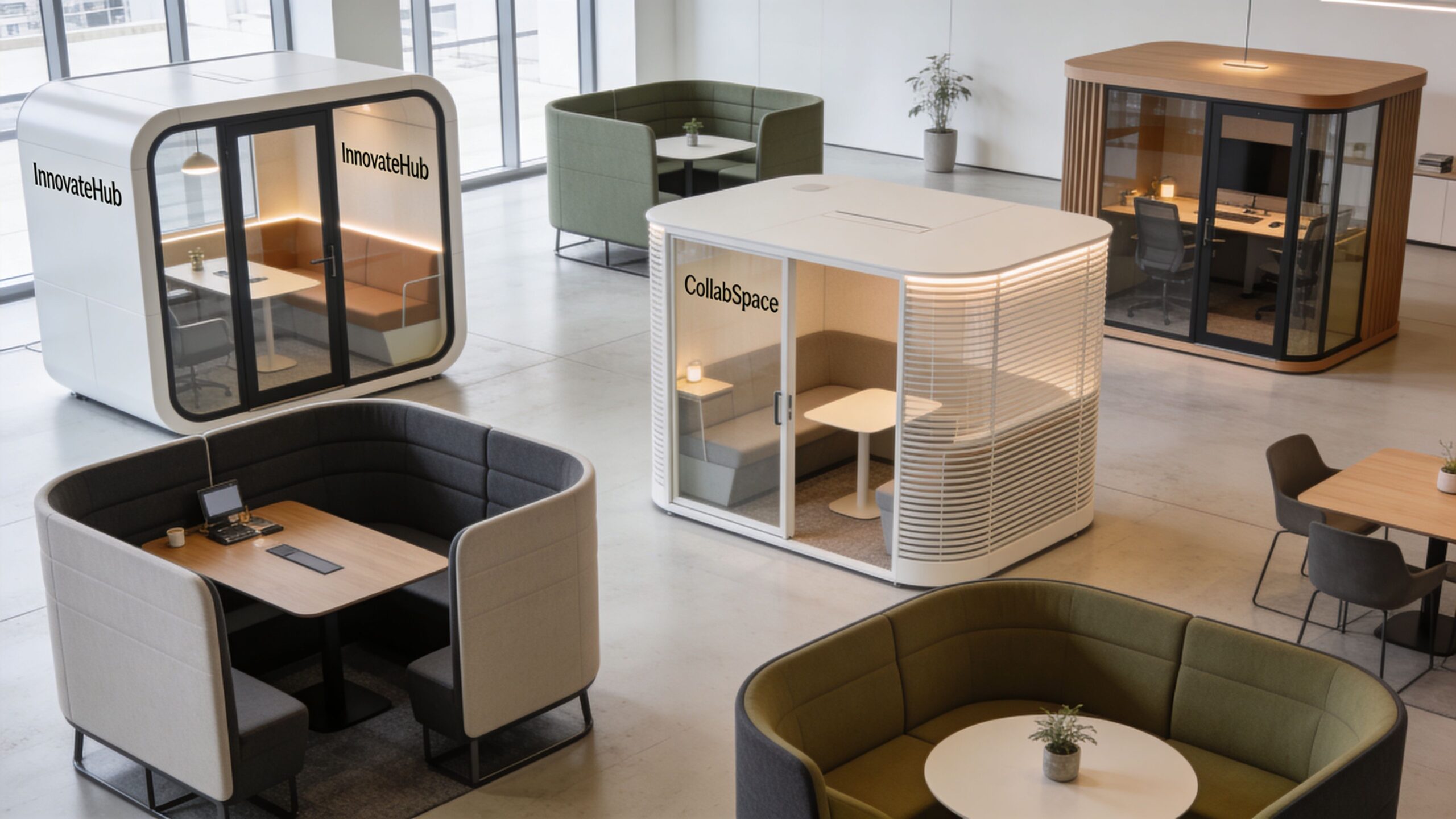 A bright modern office interior featuring several different styles of enclosed meeting pods and semi-private seating areas.