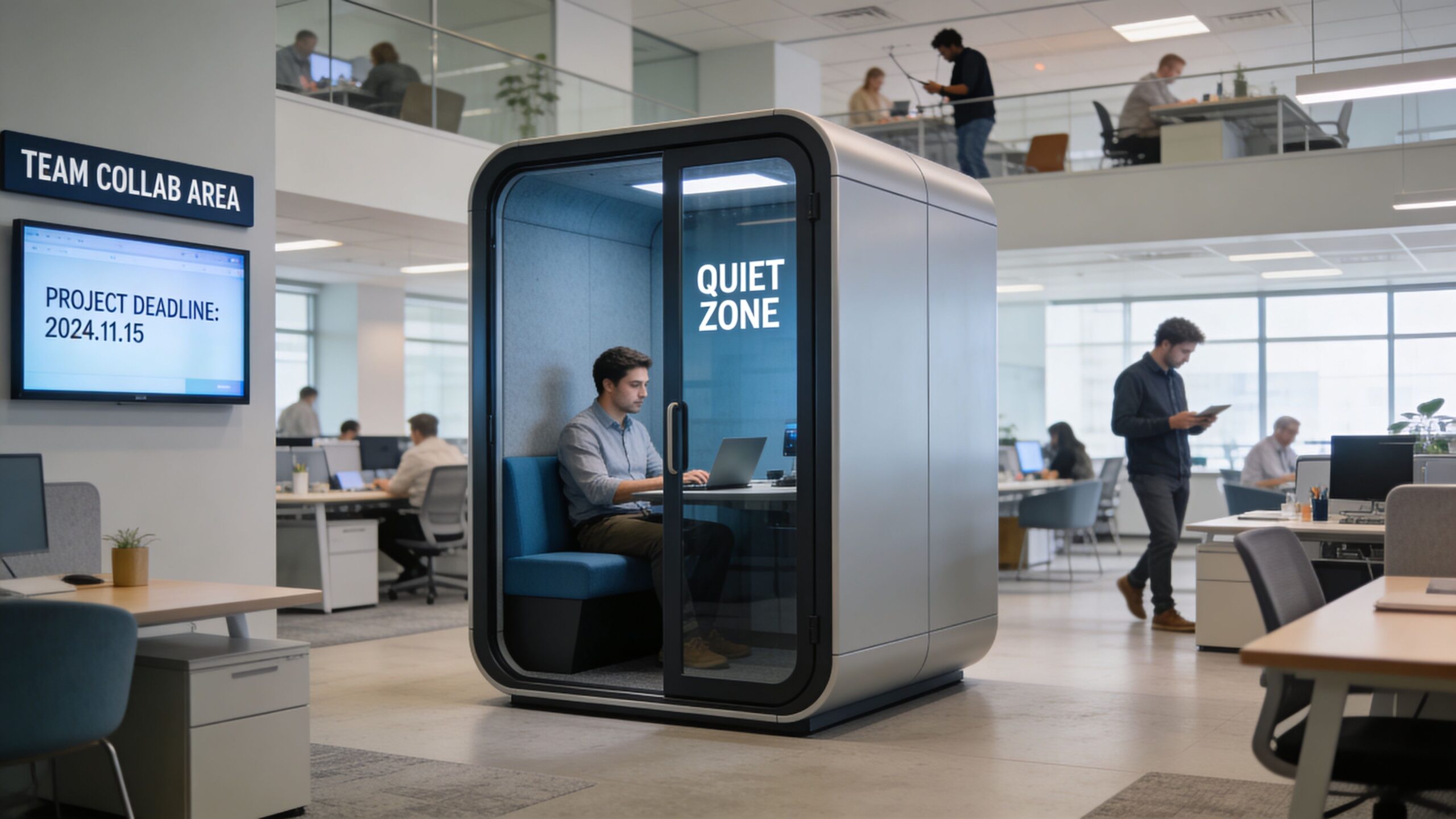 A professional working inside a soundproof office meeting pod in a bright modern open workspace.