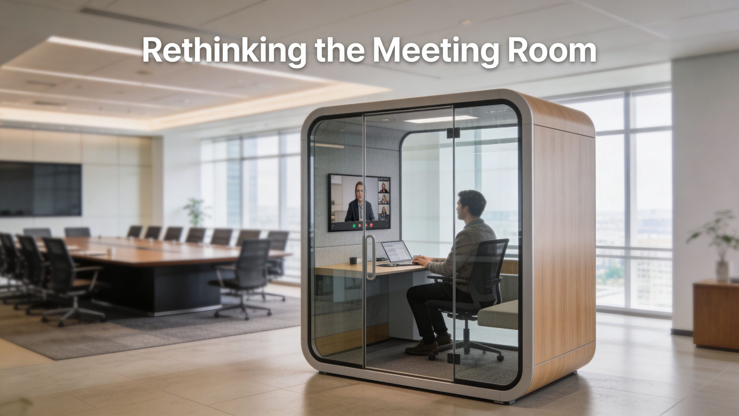A professional man works inside a modern glass soundproof phone booth in an office meeting room.