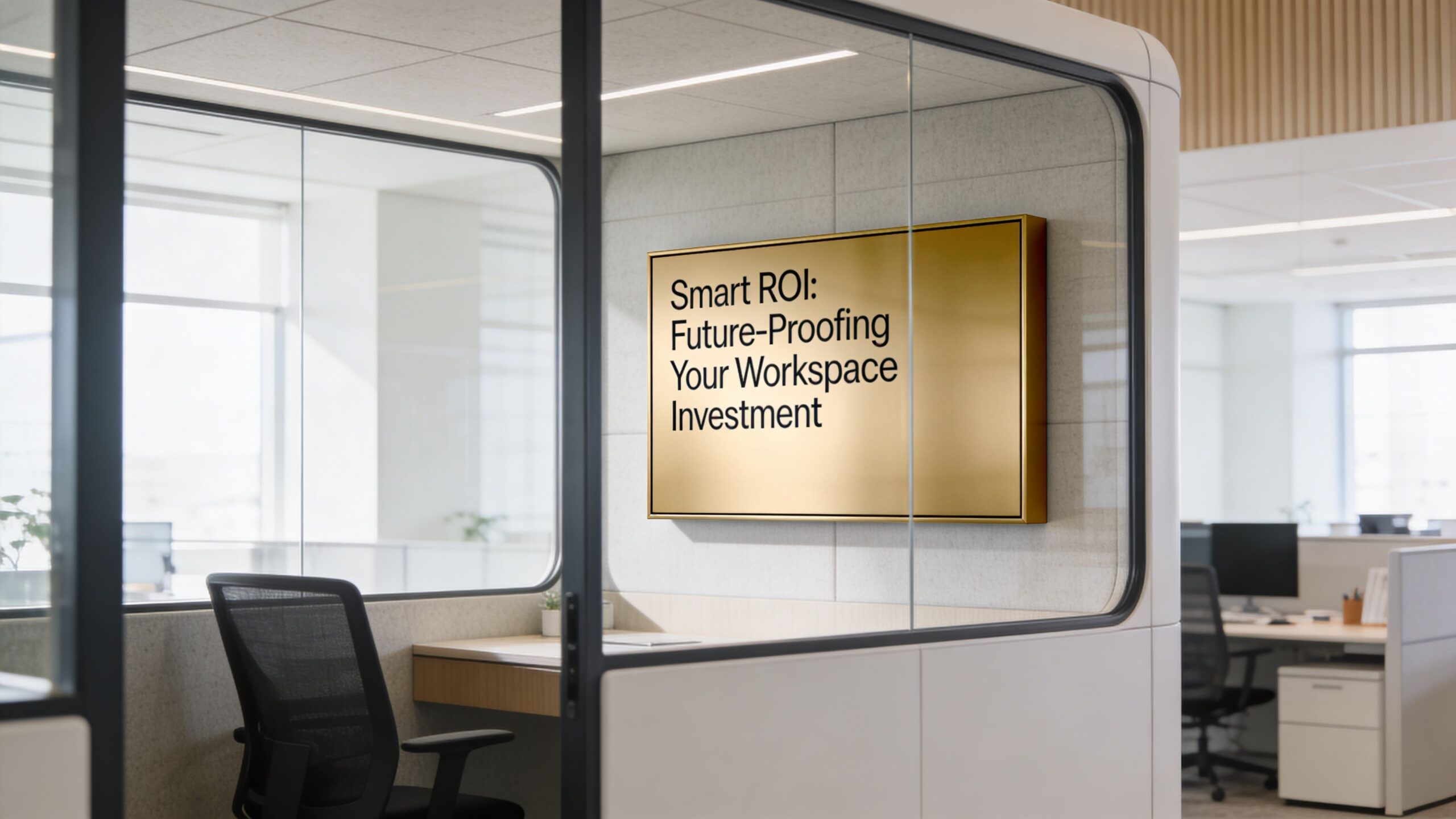 A modern office meeting pod featuring a gold sign with text about smart workspace investment on the wall.