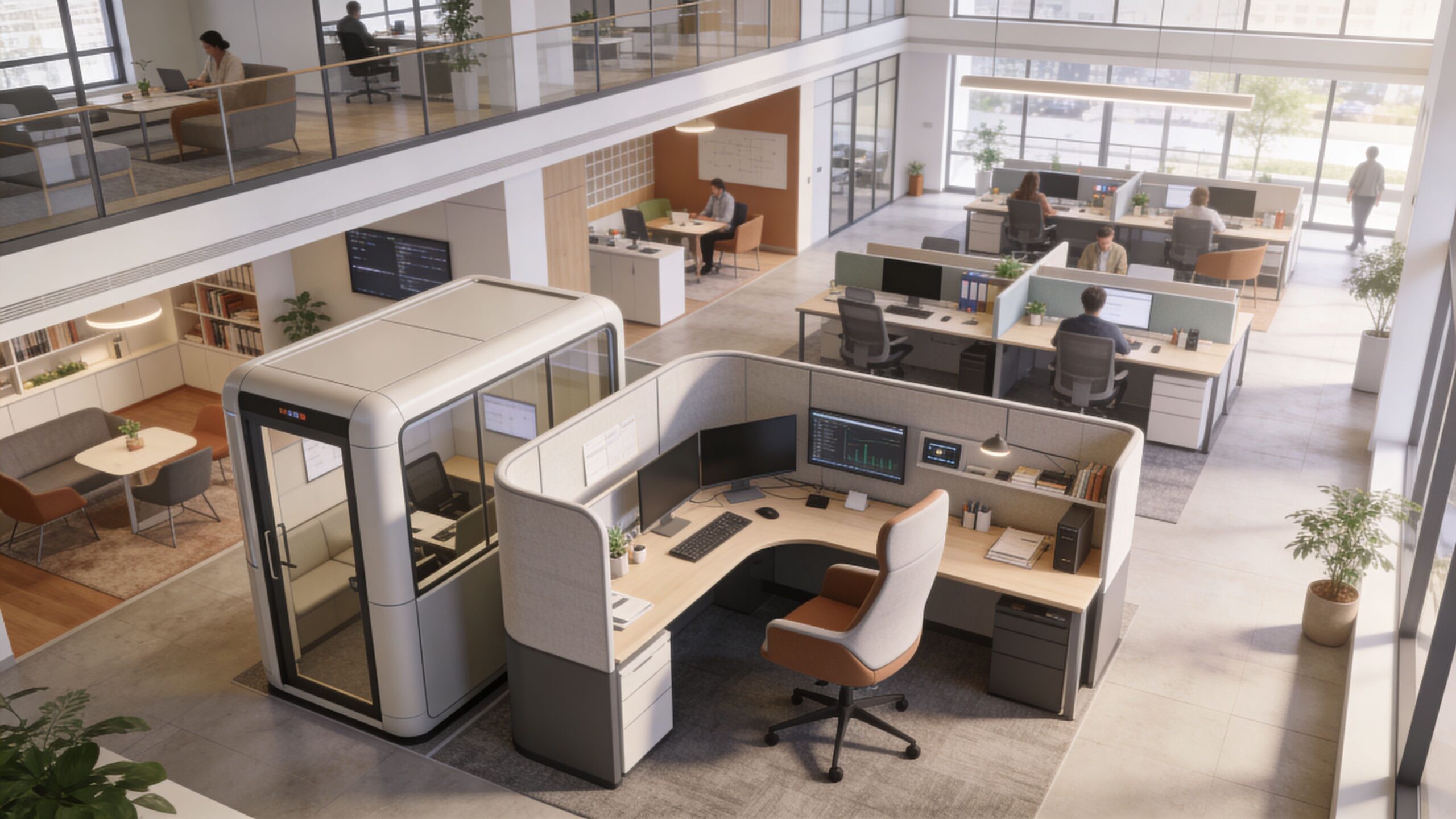 A modern, bright open-plan office space featuring a private soundproof meeting pod and ergonomic cubicle workstations.