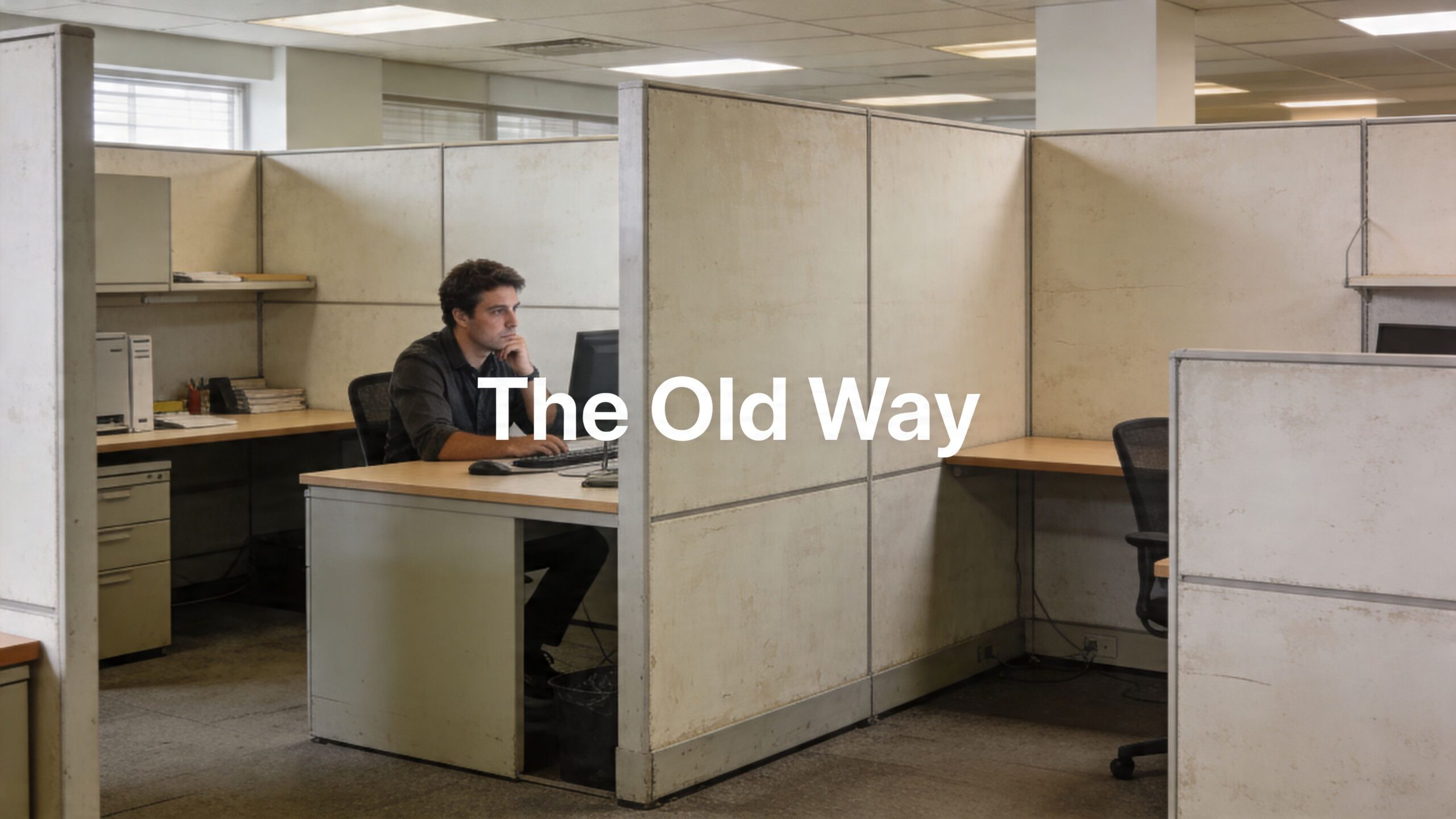 A man working on his computer inside a traditional office cubicle with beige partitioning walls.