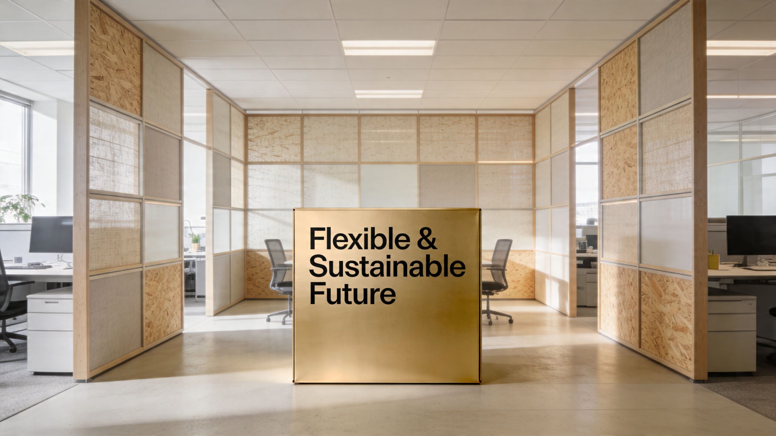 A modern office space featuring modular partitioning walls with wood panels and a large central gold cube.