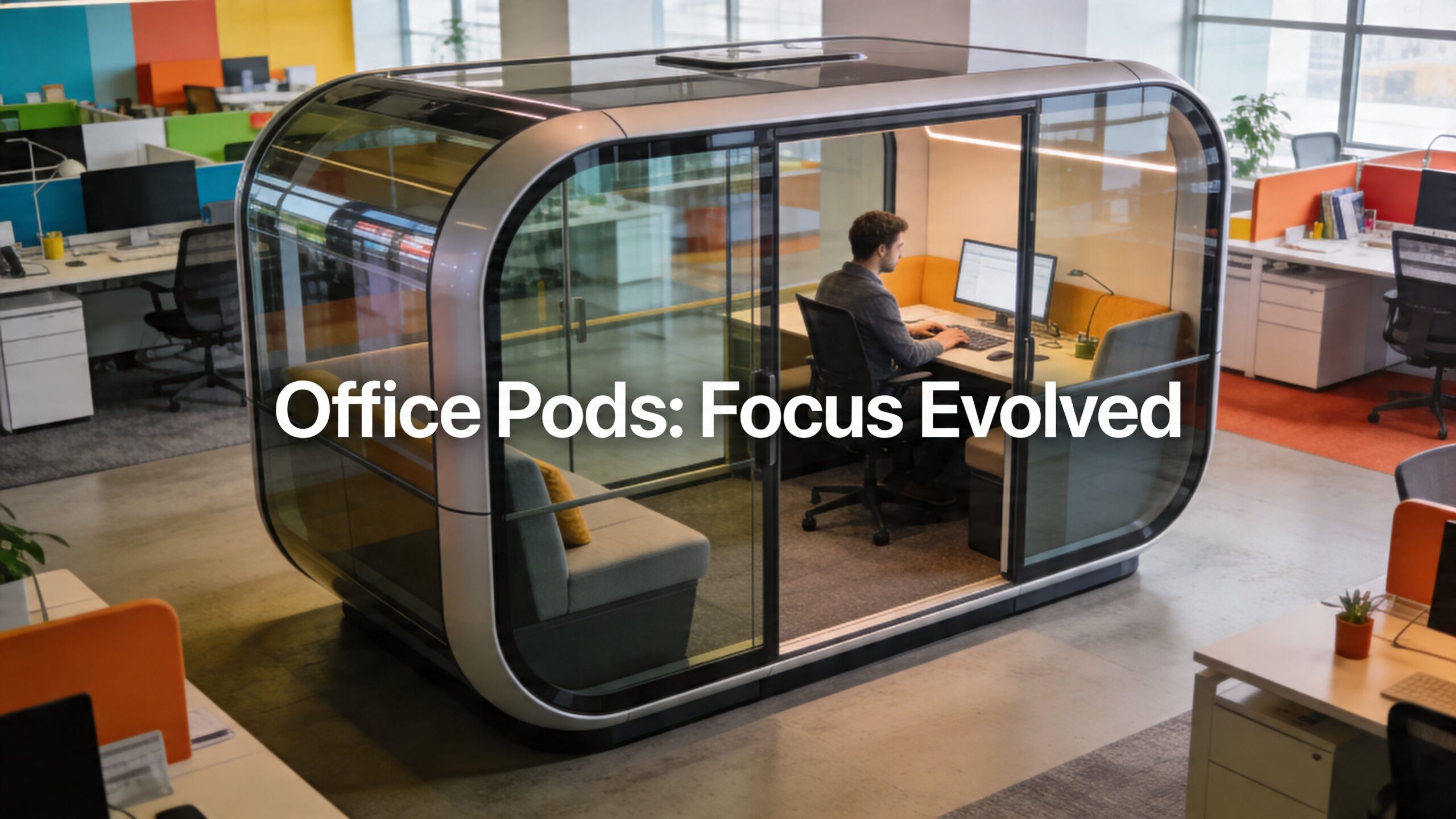 A modern glass office pod positioned in the center of an open-plan office space for focused work.