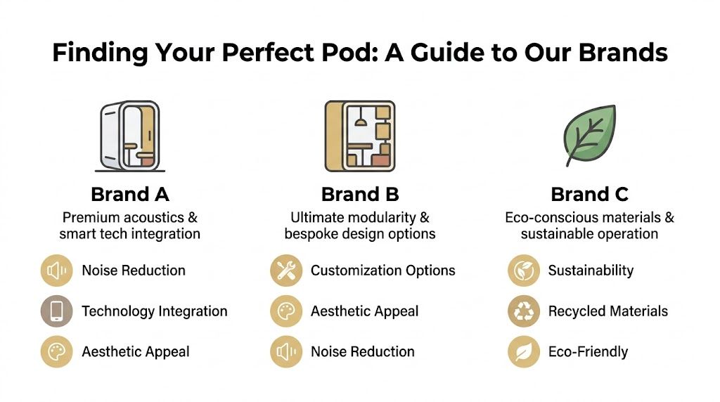 A comparison guide for three different office pod brands focusing on acoustics, modularity, and eco-friendly features.