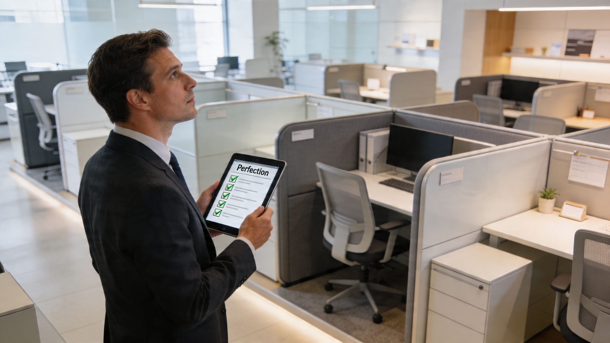 A professional businessman holding a digital tablet with a perfection checklist in a modern open plan office space.