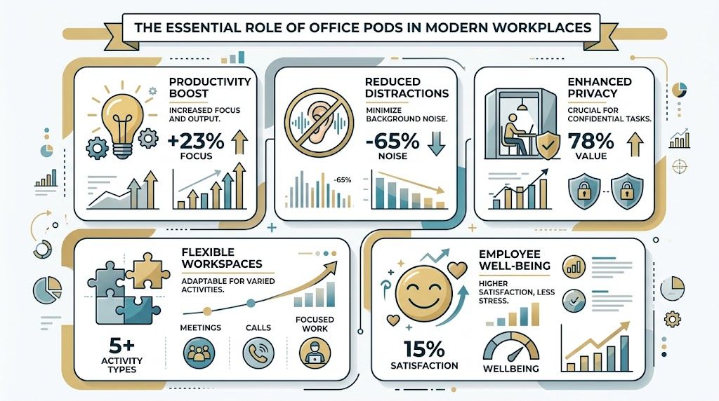 An infographic highlighting the benefits of office pods, including productivity, privacy, noise reduction, and employee well-being.