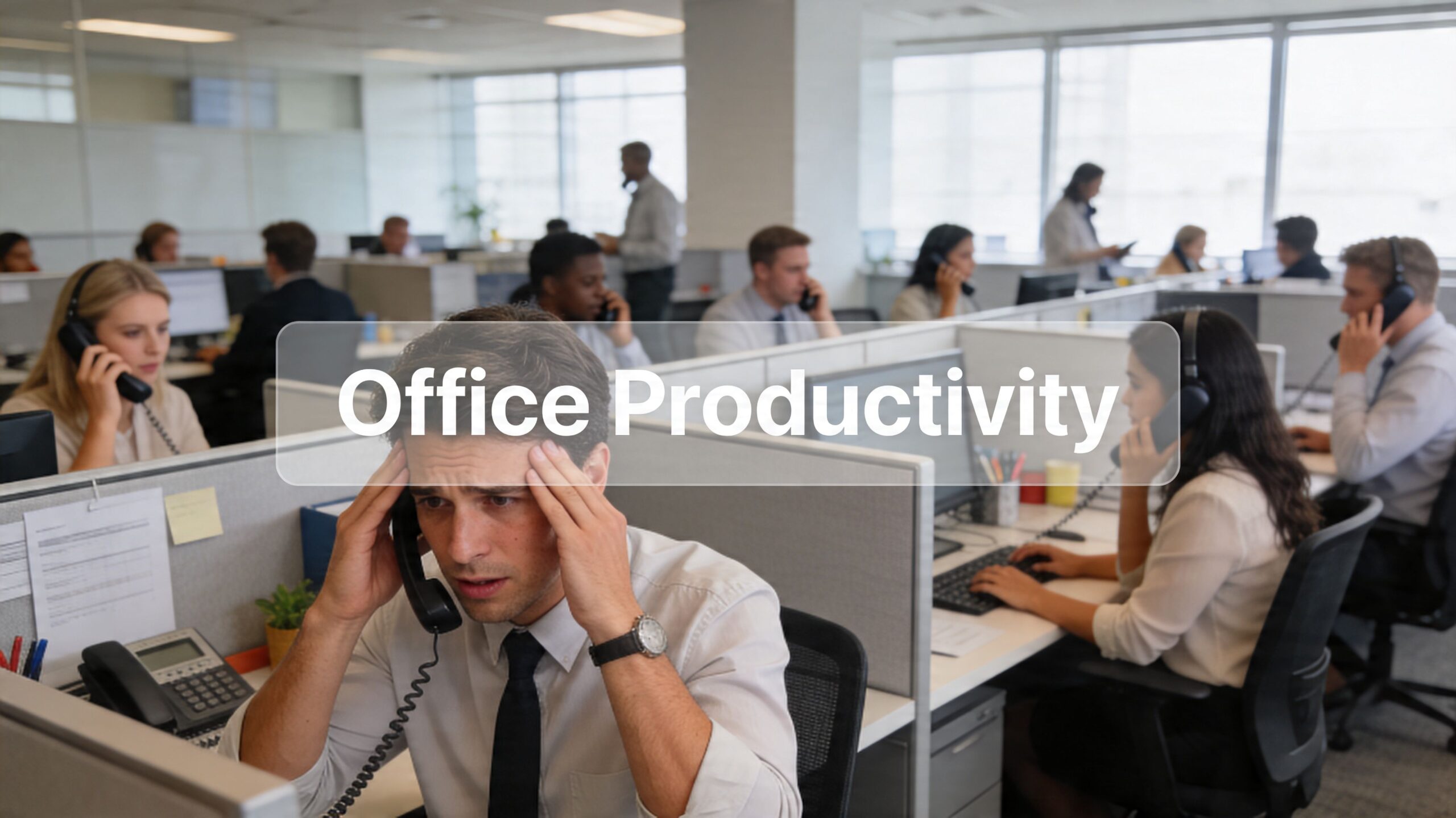 A stressed man in a busy call center office talking on a telephone while holding his head.