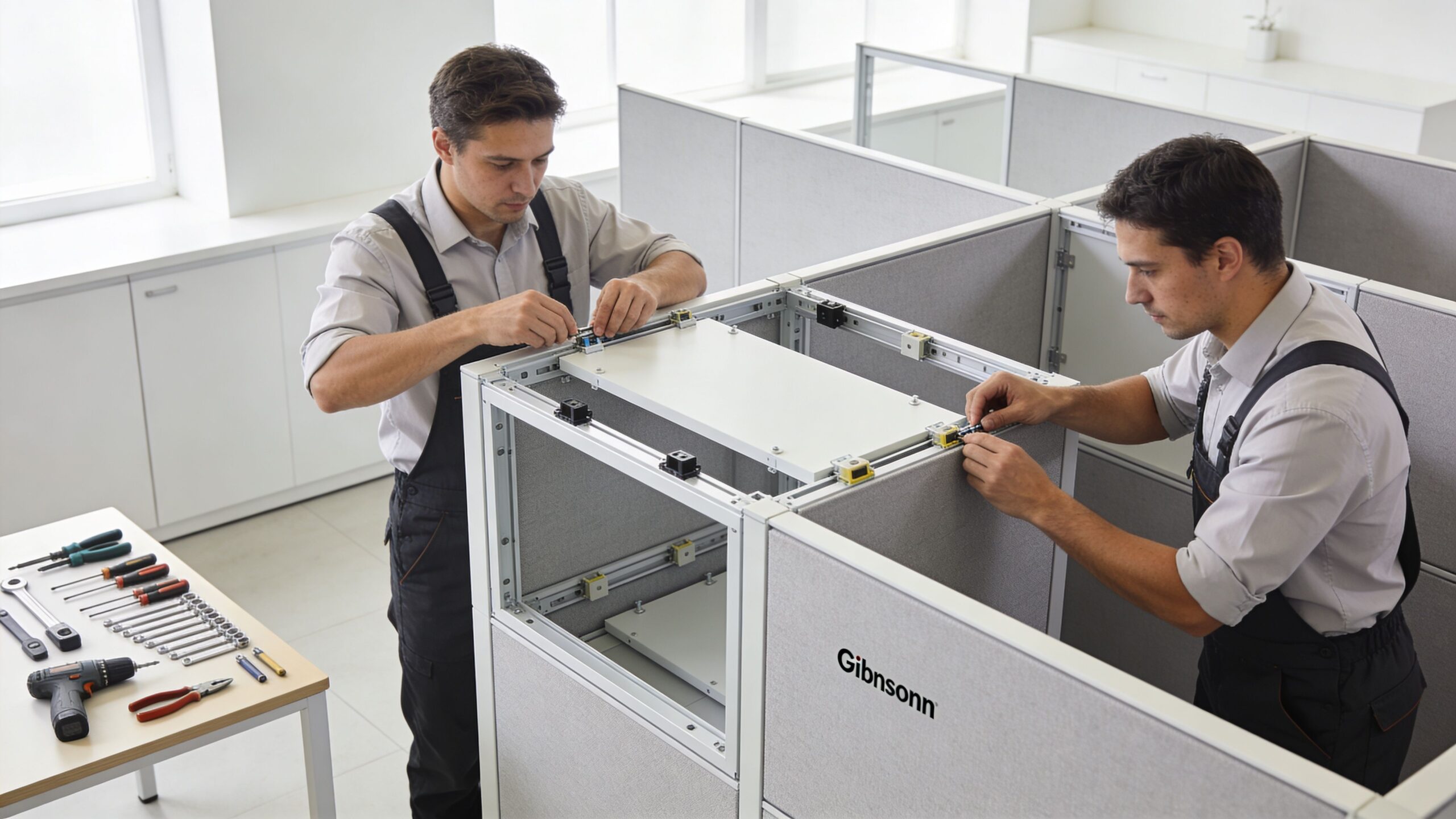 Two professional technicians assembling modular office cubicle walls in a bright, modern corporate workspace.