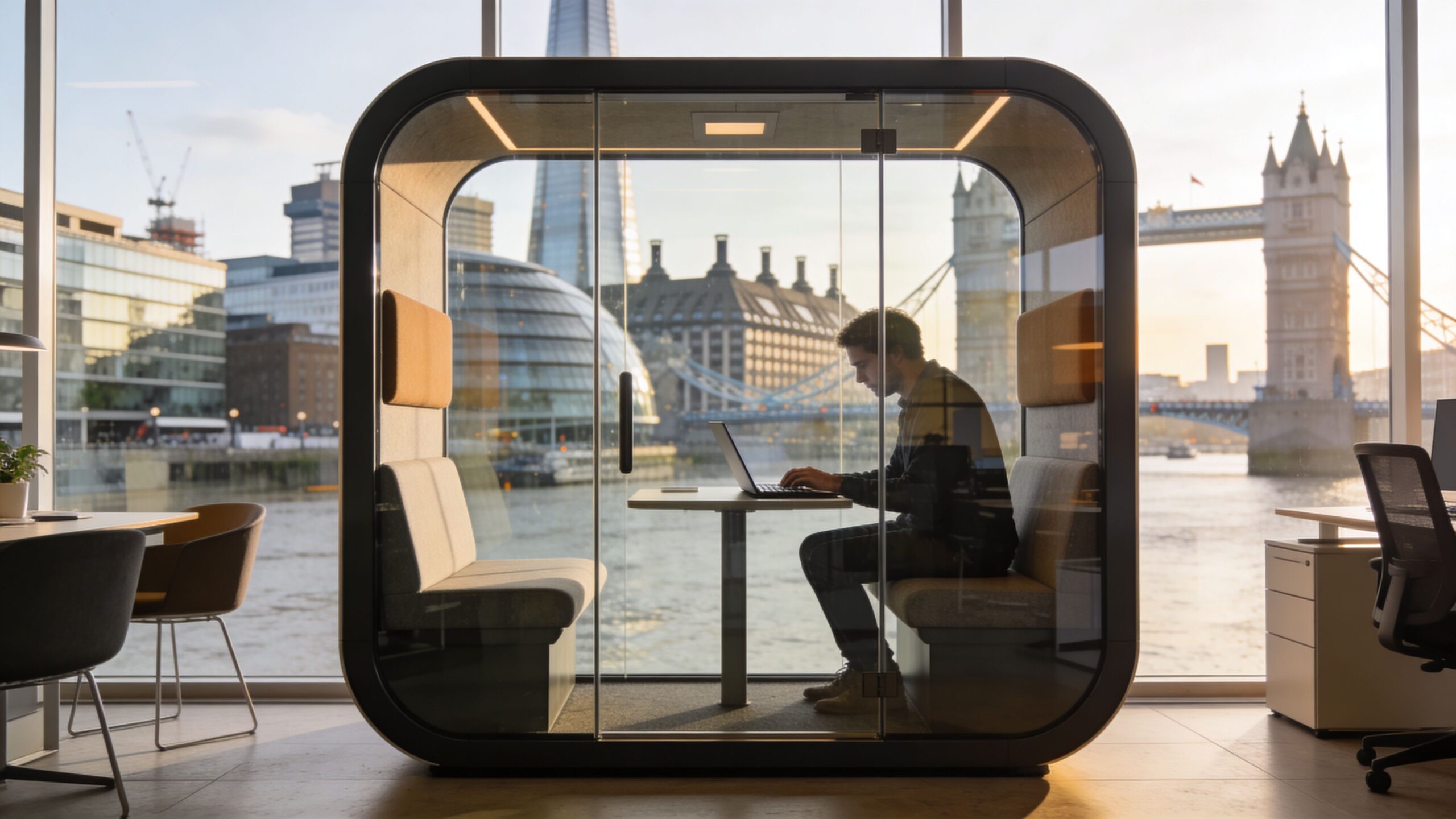 A professional man works on his laptop inside a soundproof glass office pod overlooking the London skyline.