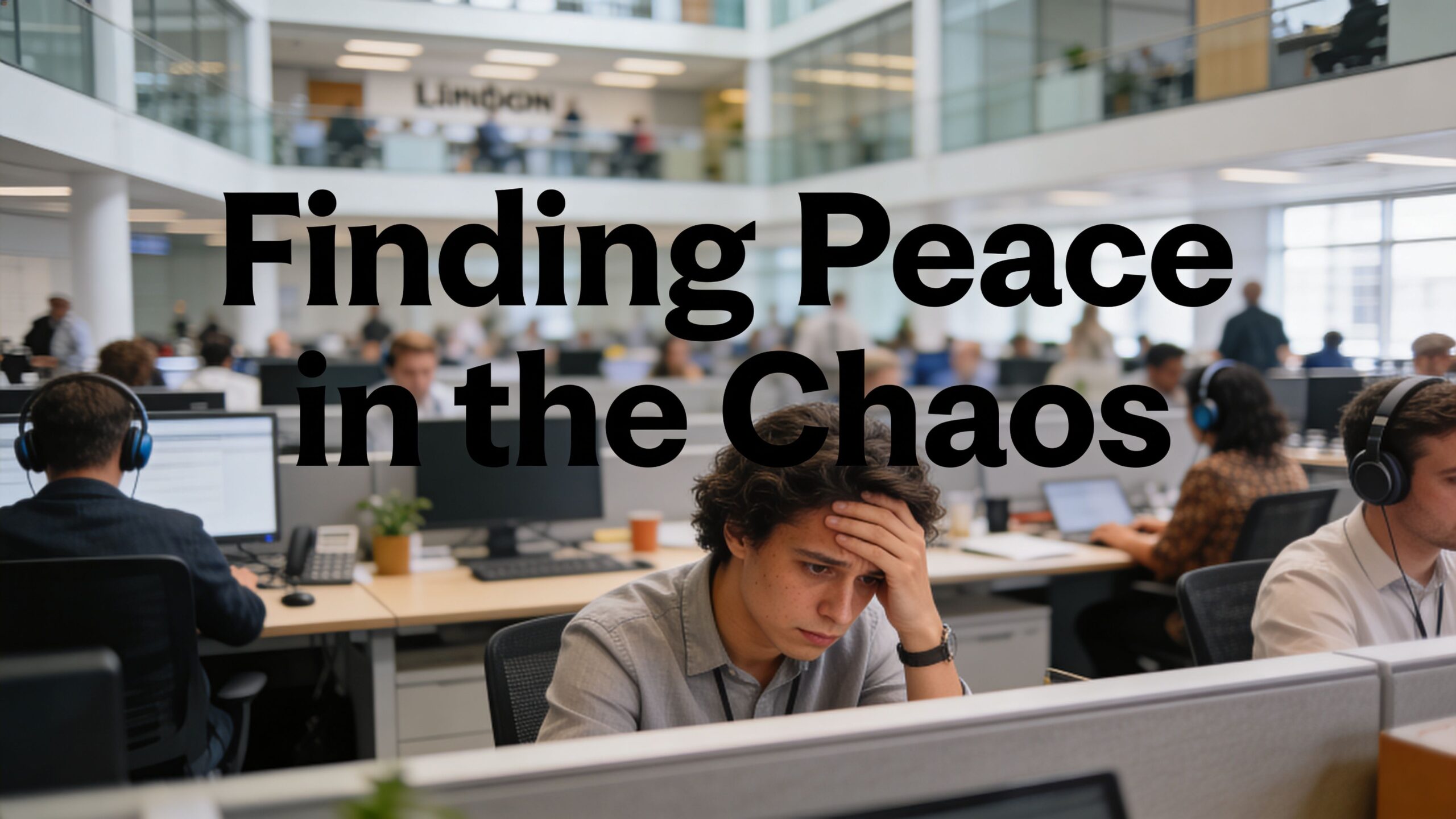 A stressed office worker sits at his cubicle in a busy open-plan workspace while wearing headphones.