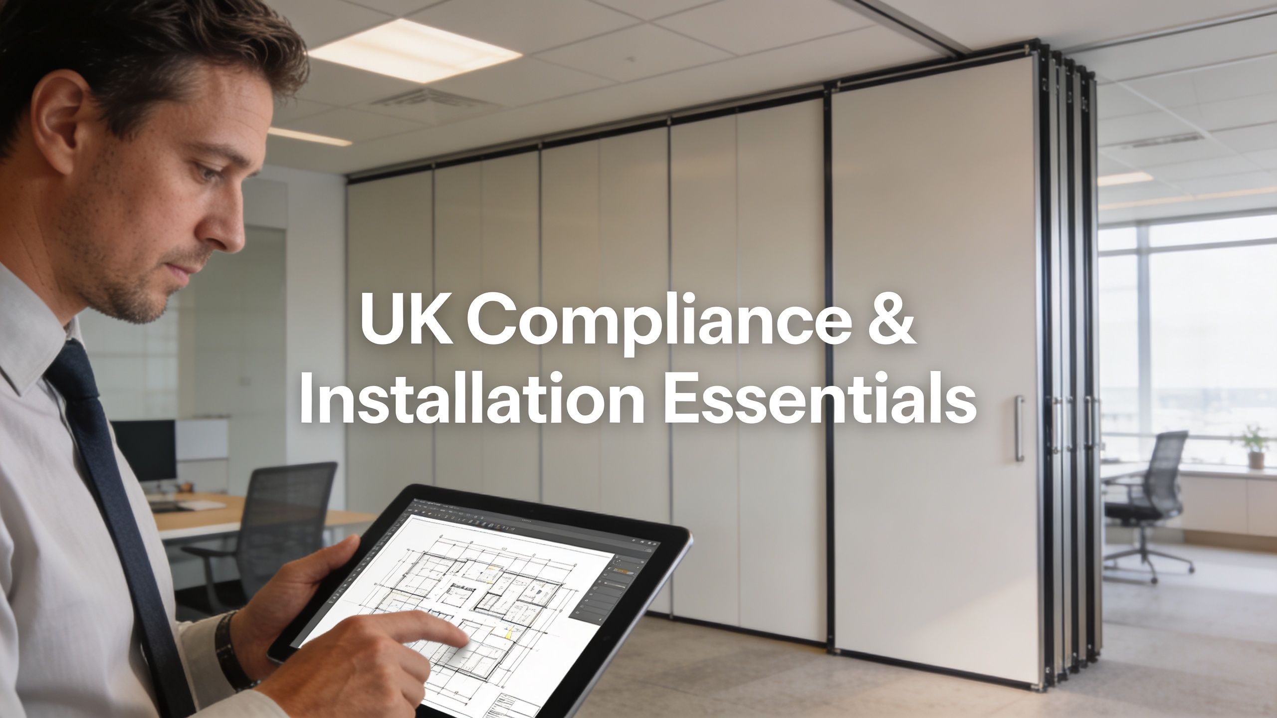 A professional checking floor plans on a tablet in an office with a modern sliding room divider.