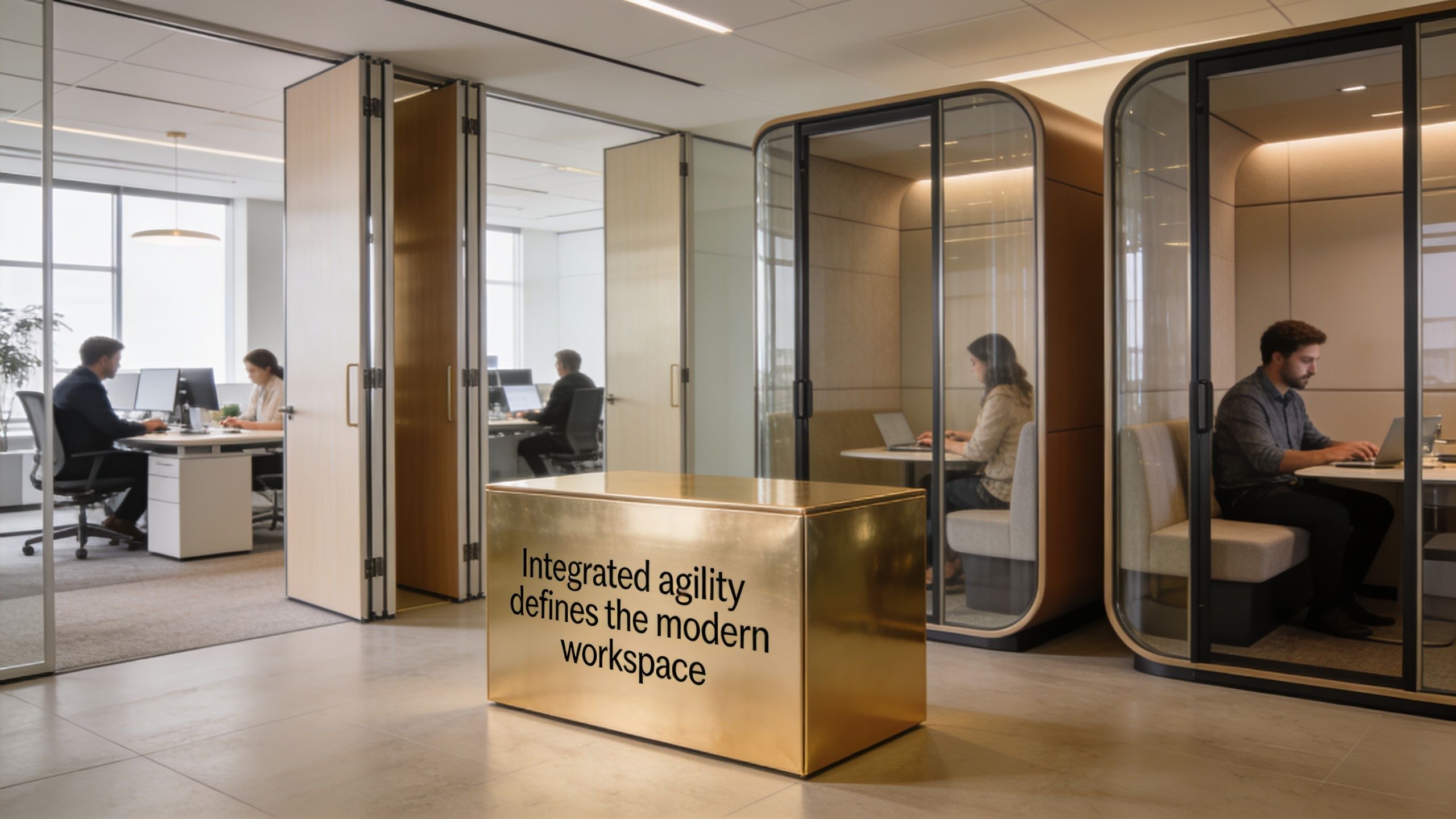 A modern office space featuring glass sliding room dividers and individual soundproof pods for focused work.