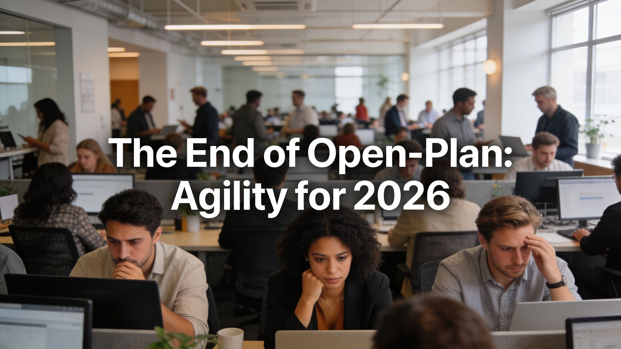 A busy open-plan office workspace featuring many professionals working at their computers with desks and partitions.