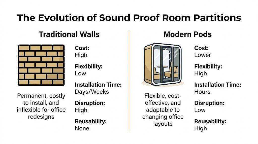 A comparison chart showing the differences between traditional walls and modern office pods for soundproofing.