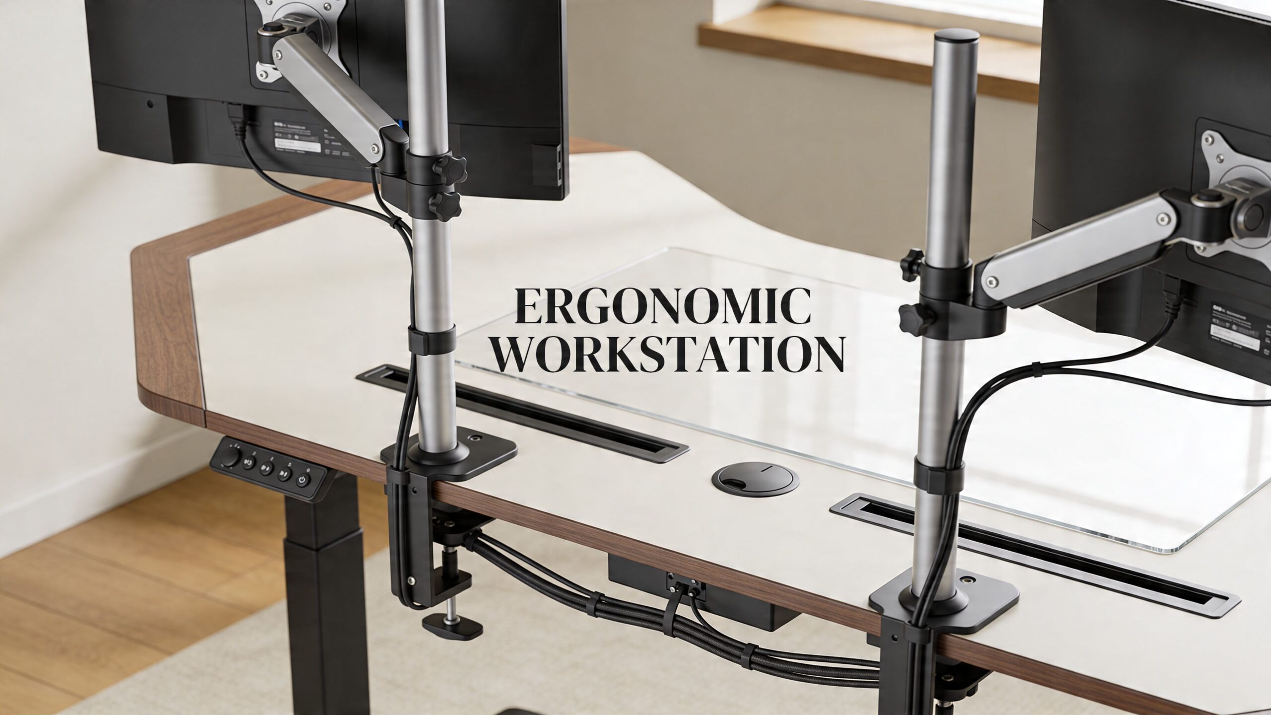 A modern corner stand up desk featuring dual monitor arms, cable management, and a sleek ergonomic design.