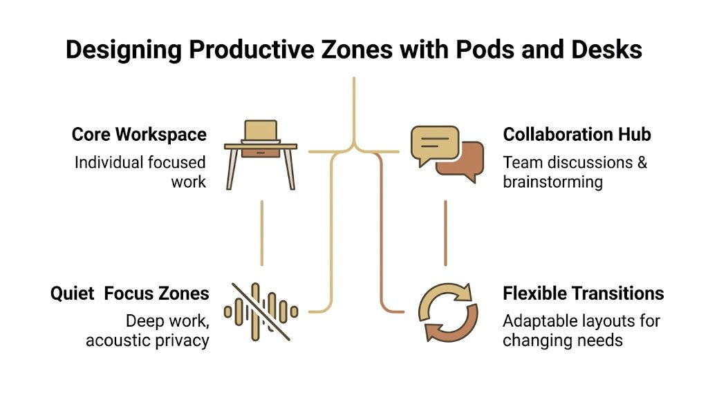 A diagram illustrating four productive office zones including core workspaces, collaboration hubs, quiet zones, and flexible transitions.