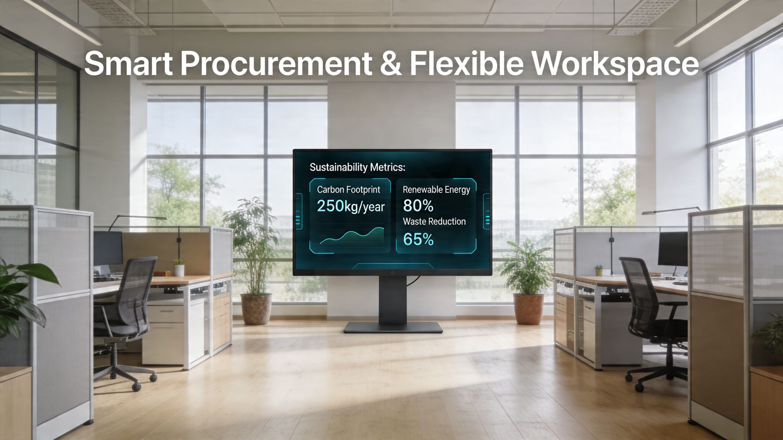 A modern office environment featuring a central monitor displaying sustainability metrics in a bright open workspace.