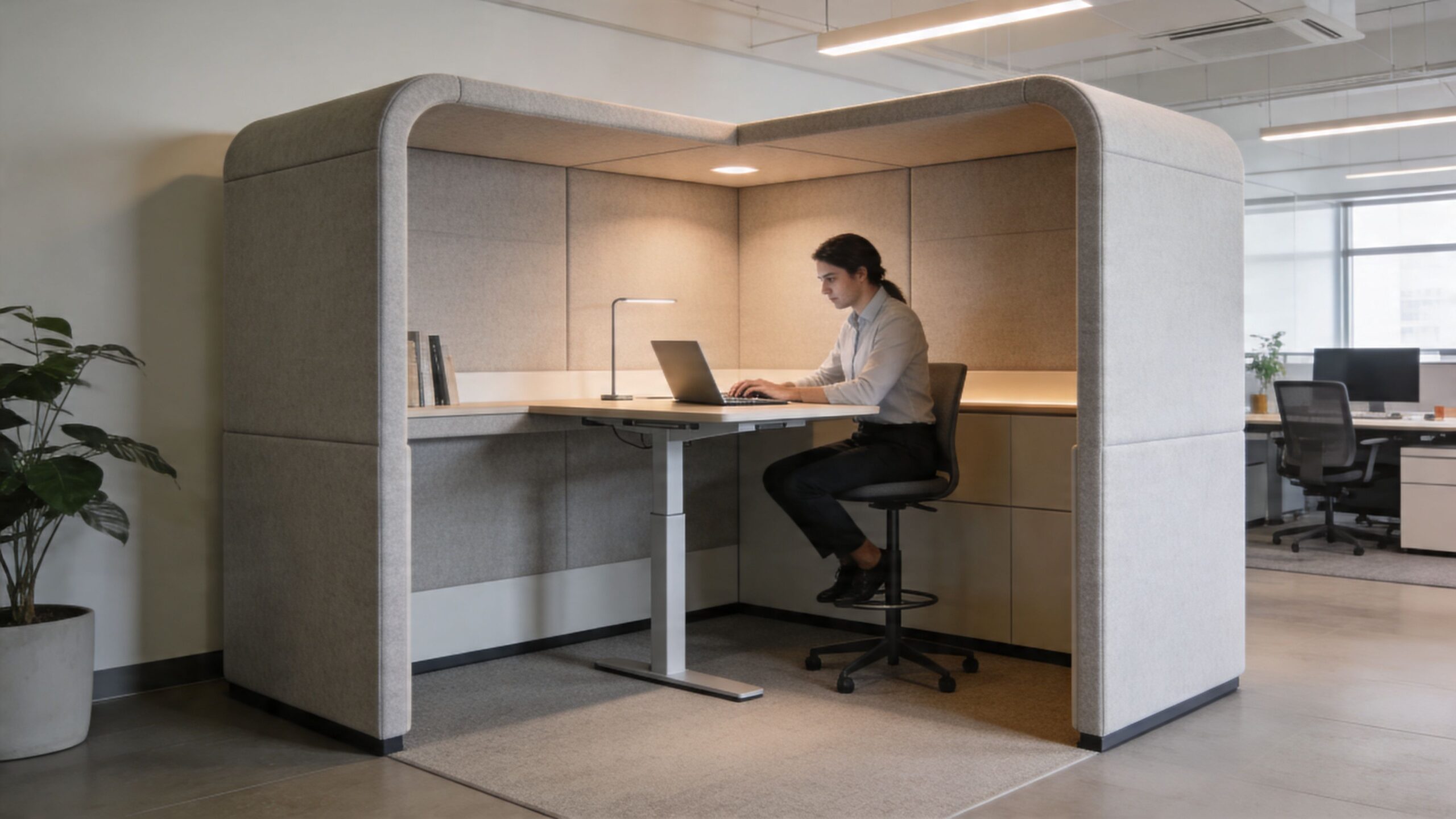 A professional working at a modern height-adjustable desk inside a private acoustic pod in an office setting.