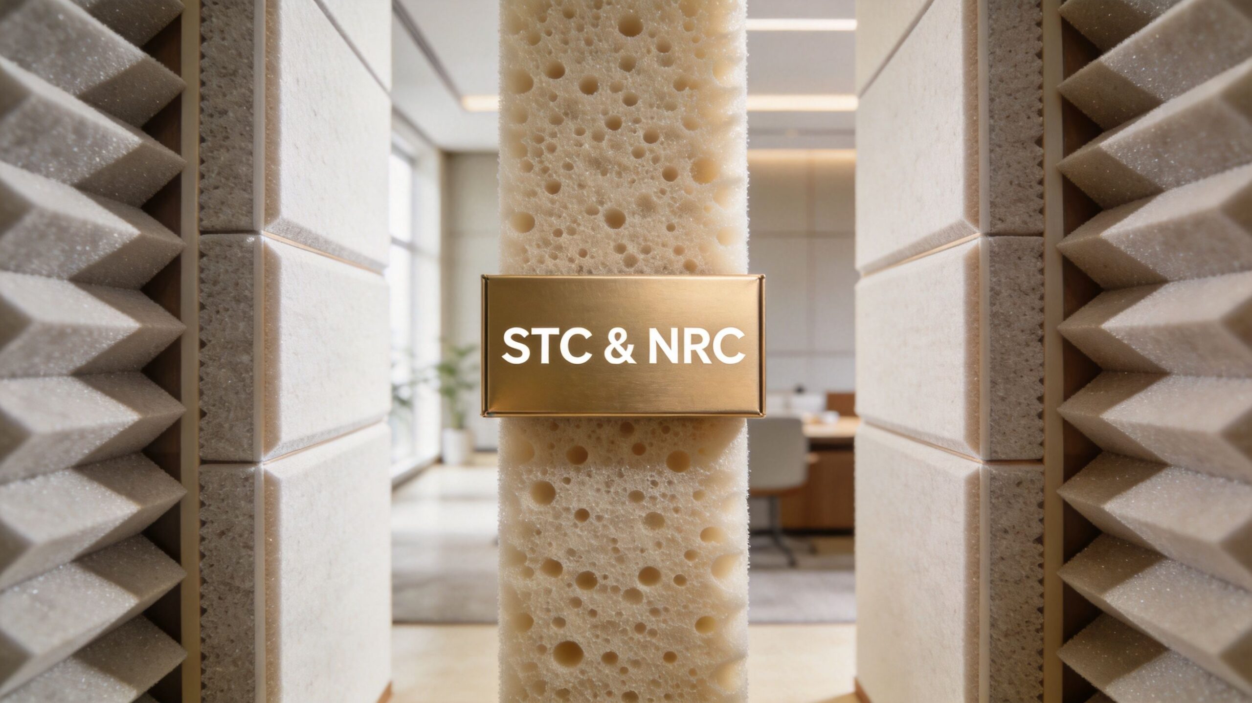 A central acoustic foam pillar with a golden plaque labeled STC & NRC inside a modern office.