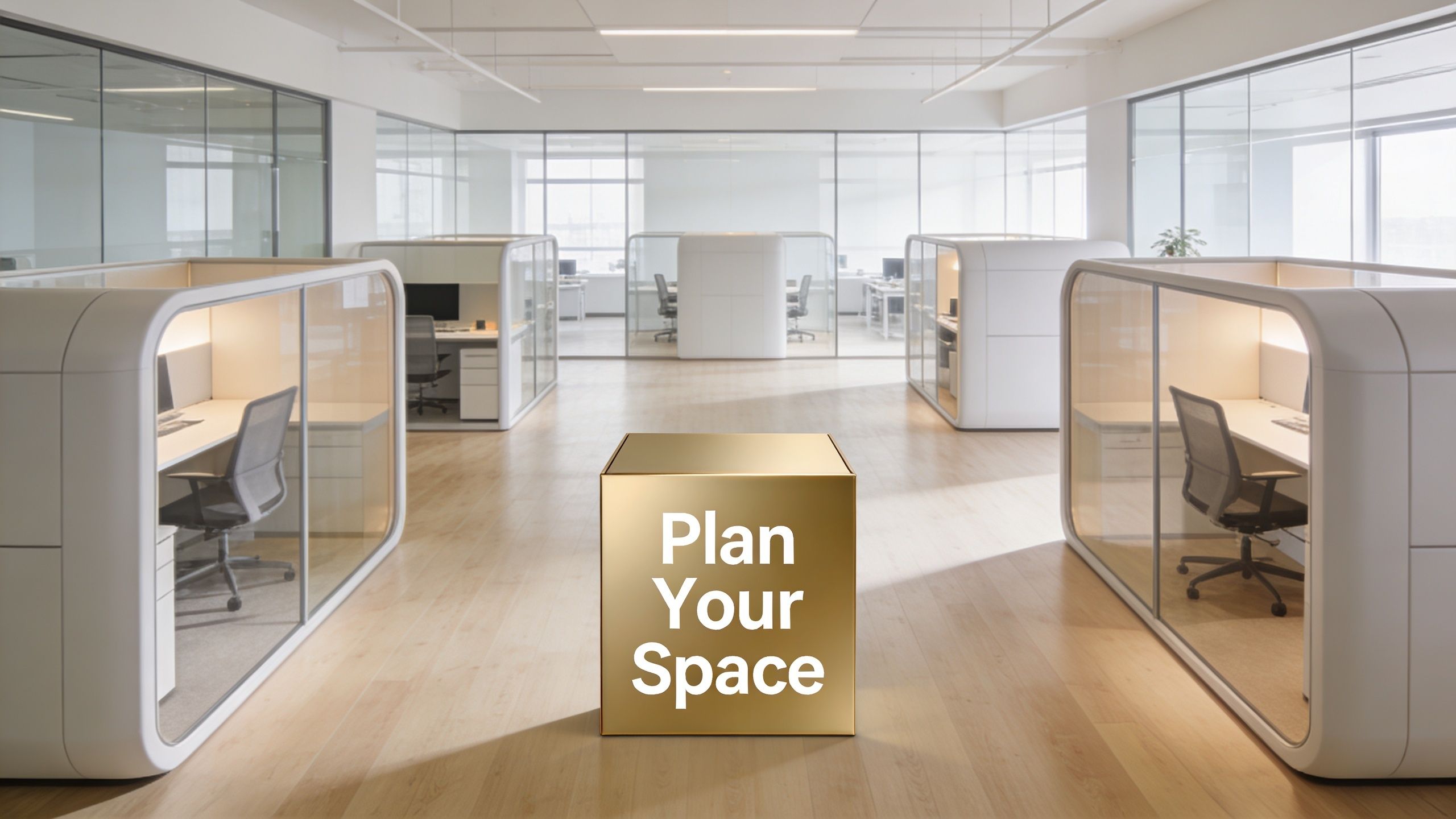 A modern office space featuring acoustic pods and a golden cube labeled Plan Your Space.