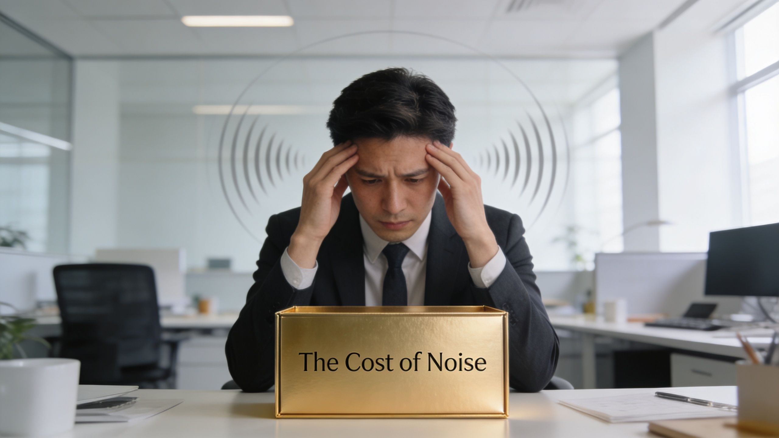 A stressed businessman in an office sitting behind a golden box labeled The Cost of Noise.