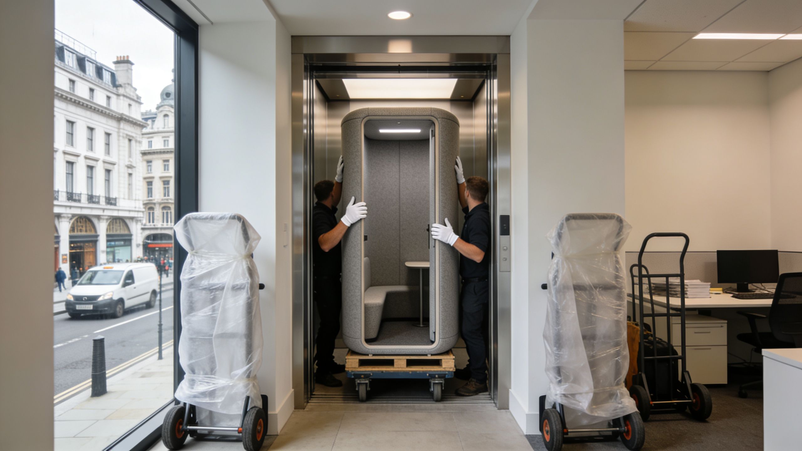 Two movers in white gloves maneuvering a portable office phone booth into an office building elevator.
