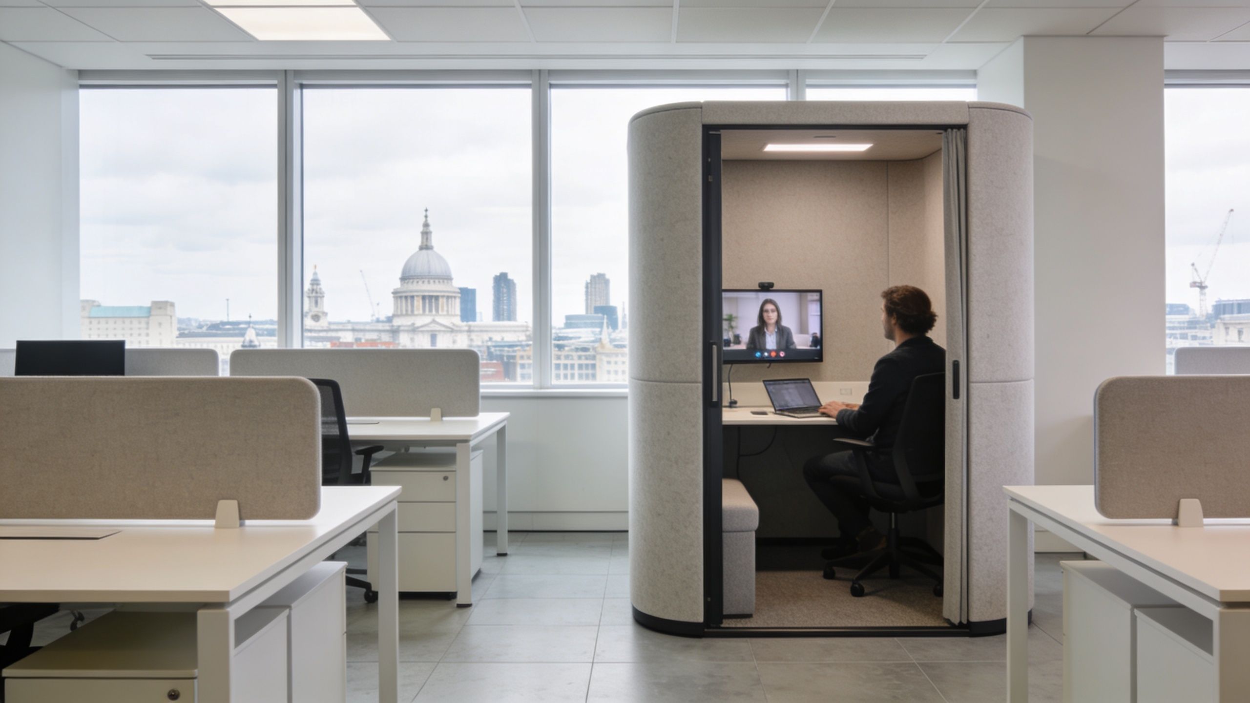 A professional working in a soundproof office phone booth in a central London office.