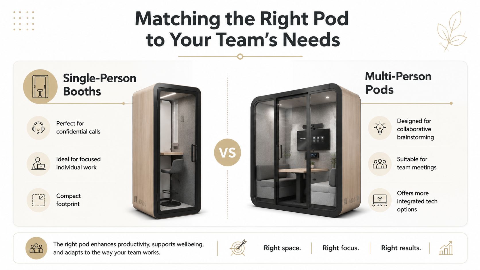 A comparison graphic showing single-person office booths versus multi-person meeting pods for workplace productivity and collaboration.