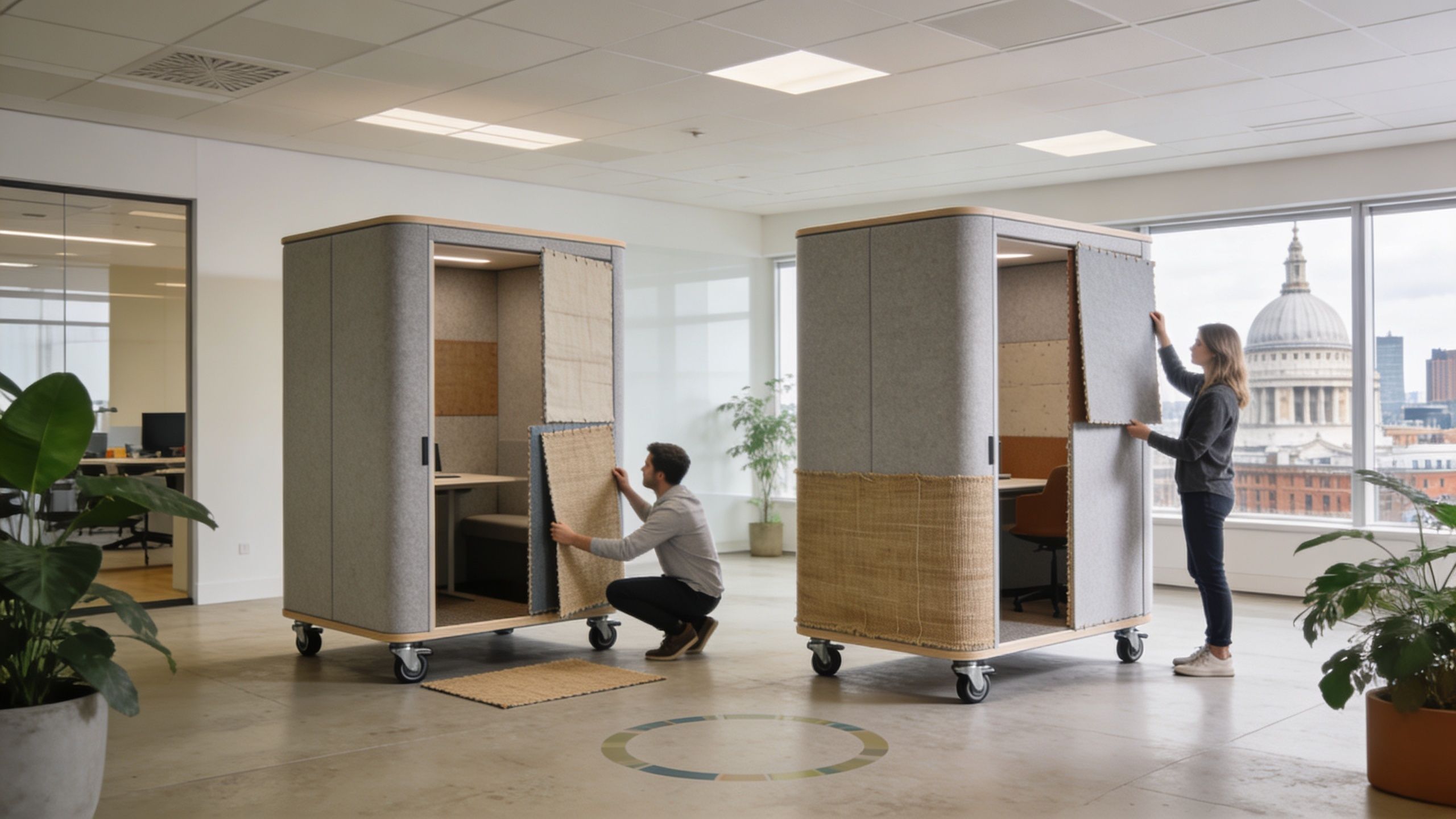 A man and woman customizing portable acoustic office meeting pods in a bright, modern London workspace.