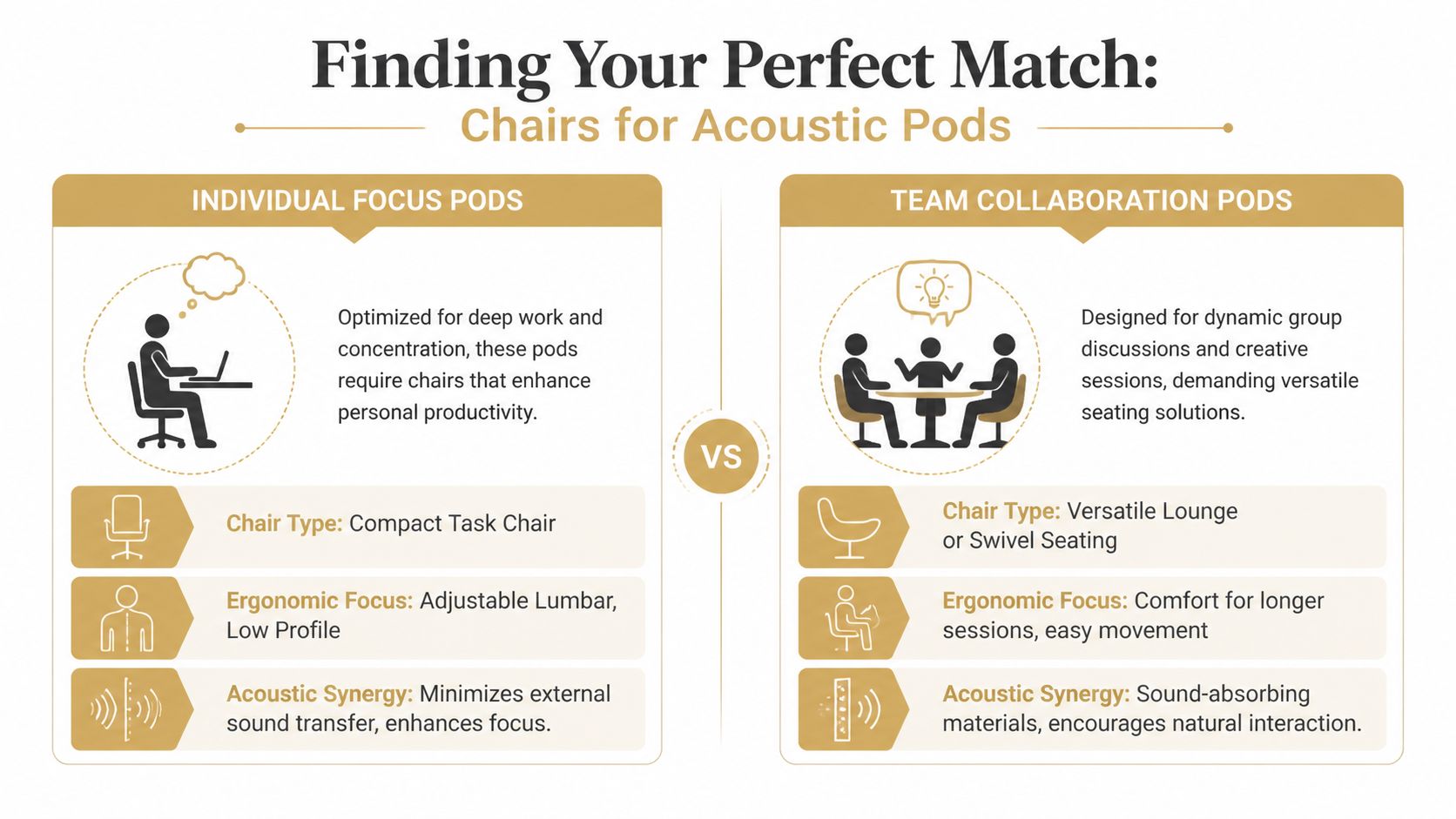 A comparison chart showing ideal office chair types for individual focus pods versus team collaboration pods.