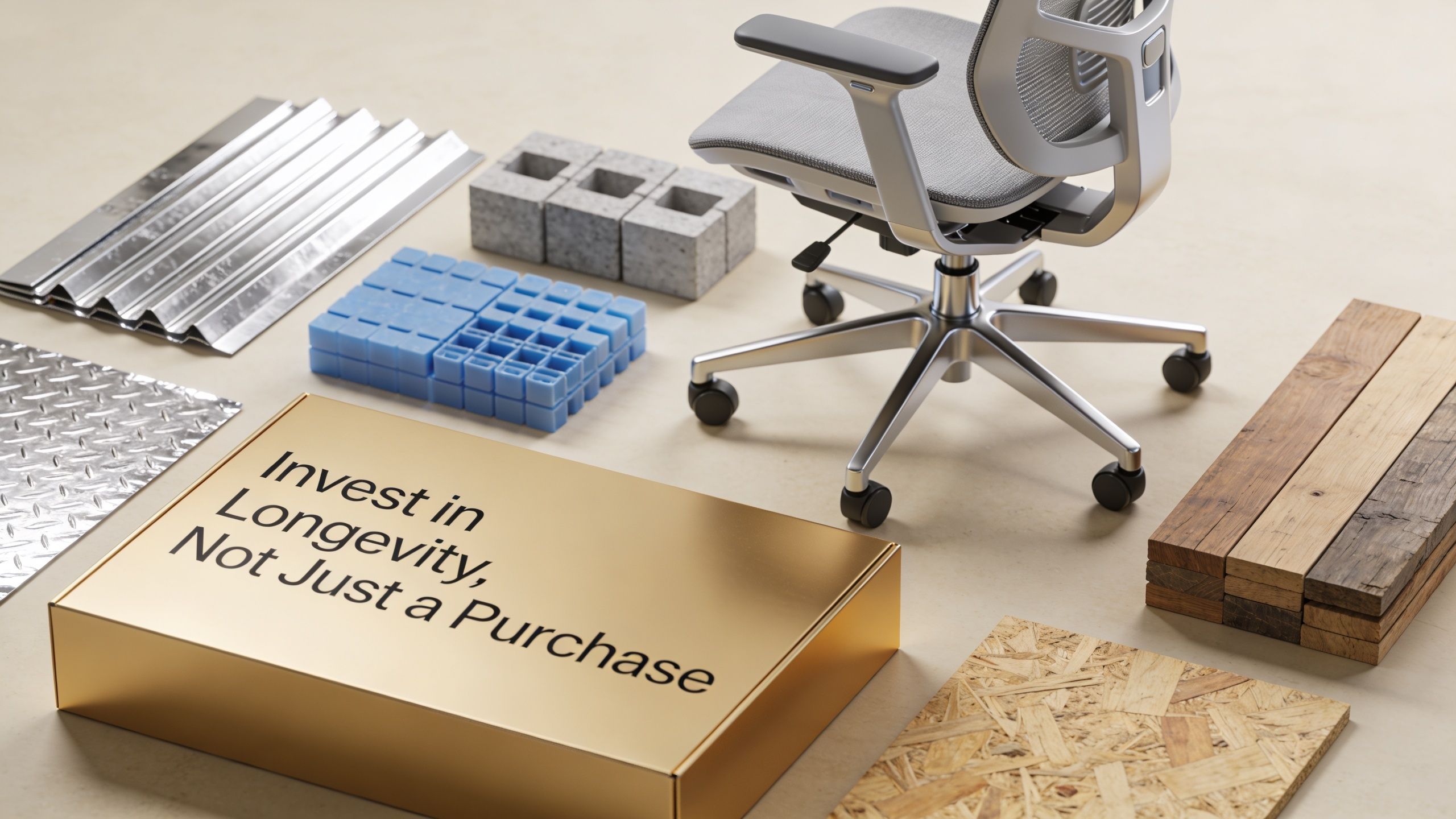 A modern designer office chair displayed alongside various raw construction materials and a golden promotional box.
